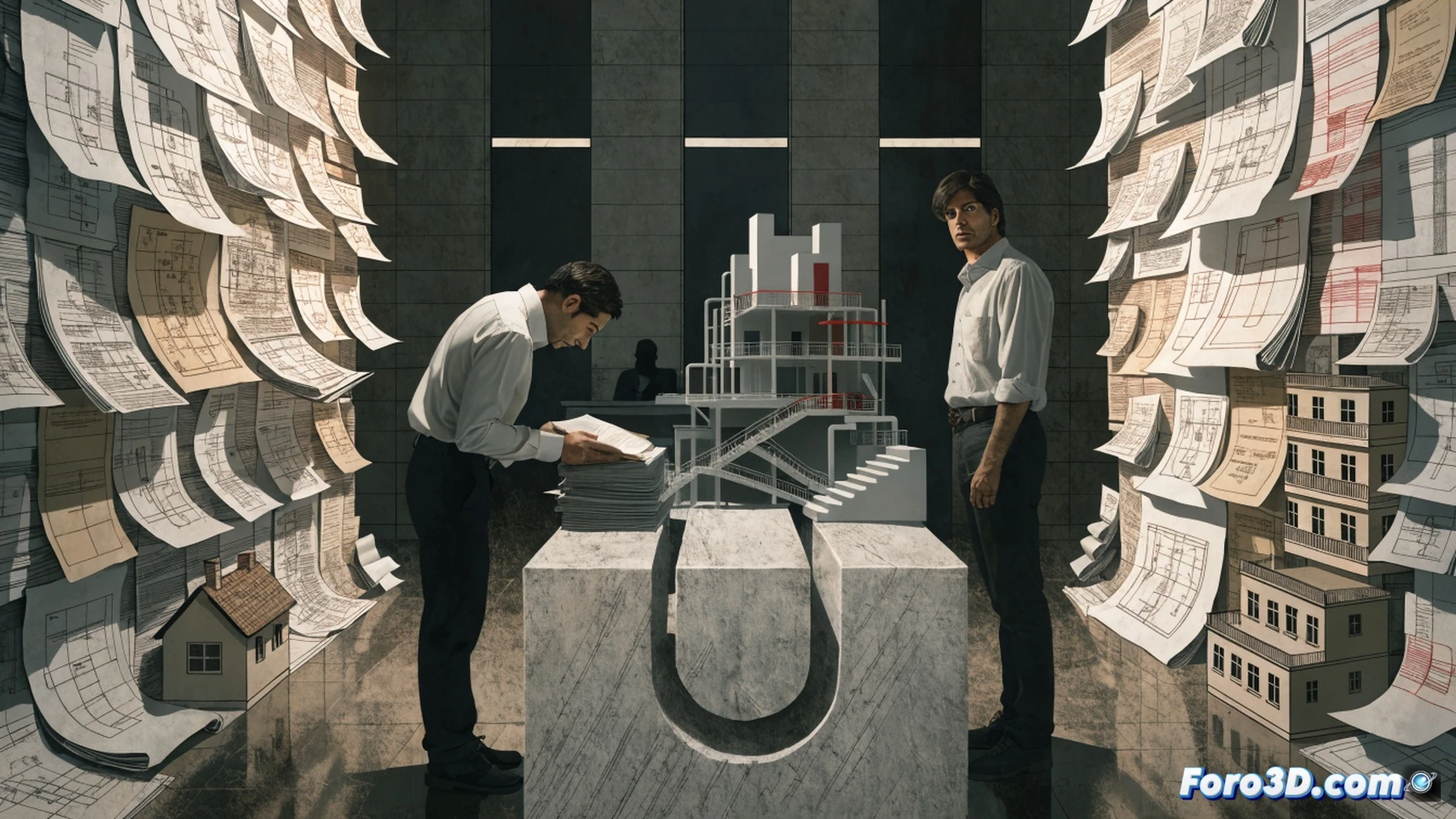 Photorealistic architectural scene, a brick wall being partially constructed while a row of identical houses repeats behind, a group of diverse Latin American architects holding rolled blueprints and digital tablets stand blocked by a heavy metal barrier labeled with official seals, a construction crane idle in background, building materials stacked unused, a worried family looking at a rising price tag on a wooden fence, dramatic overcast lighting, cinematic depth of field, technical illustration style, construction tools like levels and hard hats visible on ground, frustrated gestures during halted work process, ultra-detailed concrete textures