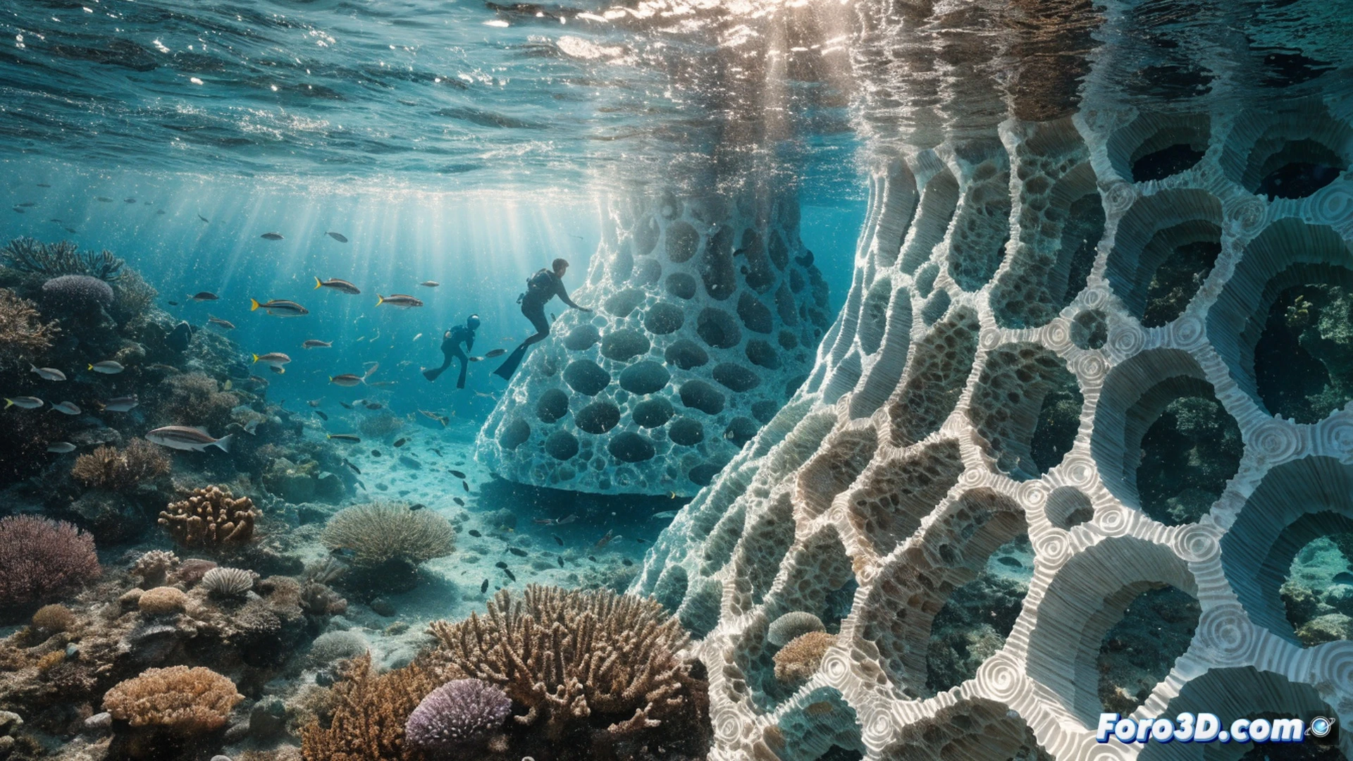 Submerged coral reef restoration scene in Maldivian waters, divers installing hexagonal 3D-printed ceramic modules on sandy ocean floor, coral fragments being attached to artificial reef structures using titanium clips, sunlight rays piercing turquoise water, small fish swimming around the installation area, photorealistic underwater technical illustration, clear visibility of layered 3D-printed lattice patterns, divers handling tools, measuring devices, and inspection cameras, dramatic natural lighting, ultra-detailed marine environment, engineering visualization style