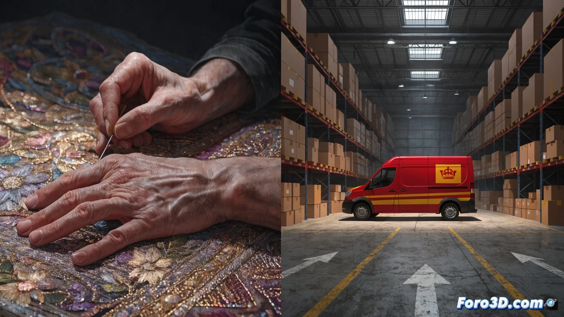cinematic wide shot of an empty postal sorting facility, a single torn cardboard package suspended mid-air on a conveyor belt, 260 embroidered tea towels spilling out like colorful fabric ghosts, one cloth caught in a metal sorting claw, another tangled around a roller mechanism, dust particles floating in harsh fluorescent light, red Royal Mail logo faintly visible on a distant bin, abandoned industrial atmosphere, photorealistic technical render, dramatic shadows, high contrast lighting, ultra-detailed textile fibers and machine textures, motion frozen in time