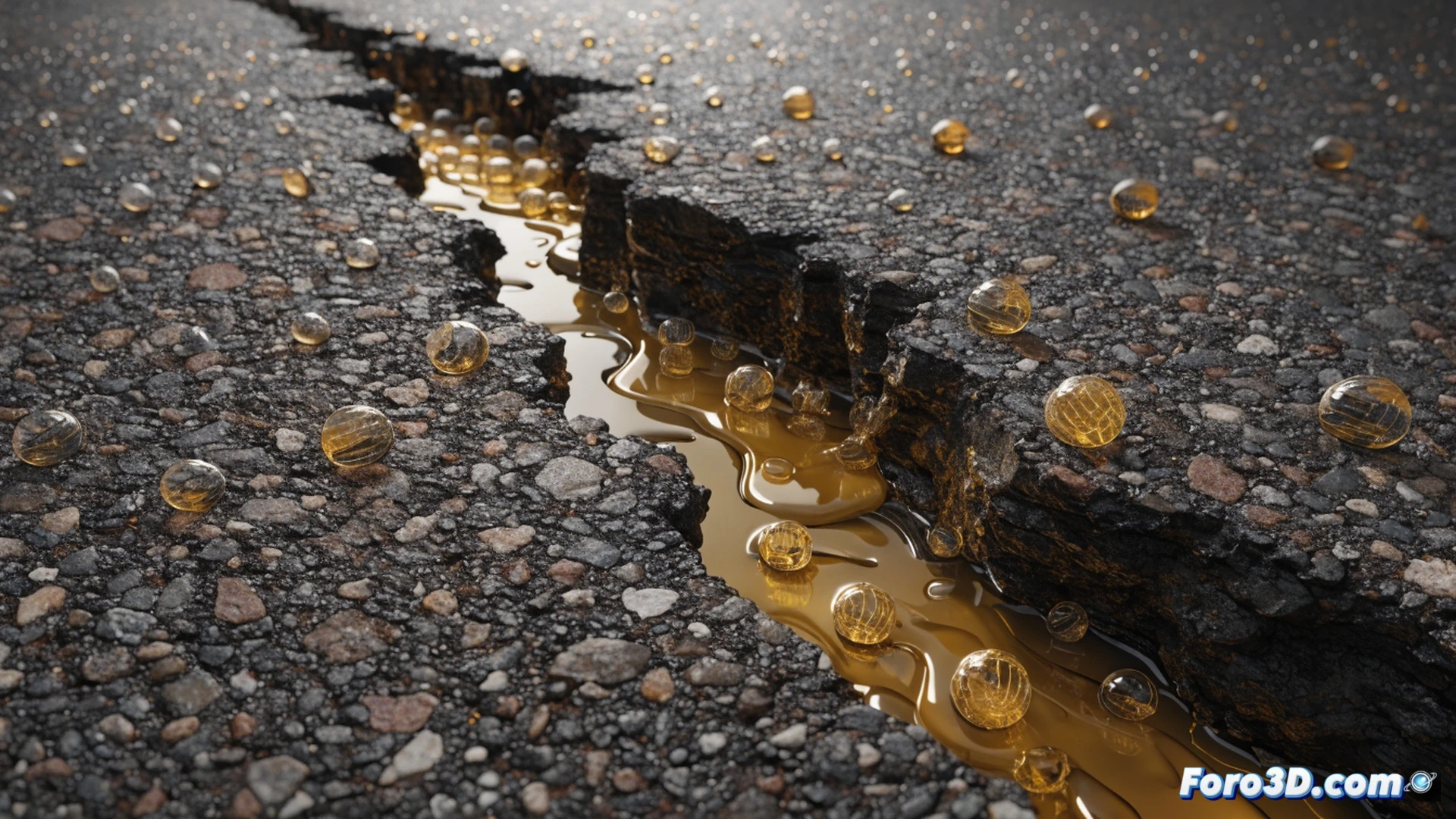 cross-section of cracked asphalt pavement showing microcapsules bursting and releasing rejuvenating oil into the fissure, glowing amber liquid flowing into the crack during self-healing process, technical engineering visualization, ultra-detailed asphalt texture with granular aggregates, microscopic spherical capsules embedded in dark bitumen matrix, crack propagation lines radiating outward, oil seepage creating smooth dark seal, photorealistic industrial render, dramatic side lighting highlighting capsule rupture and oil flow, macro lens effect with extreme depth of field, no text or labels, cinematic technical illustration