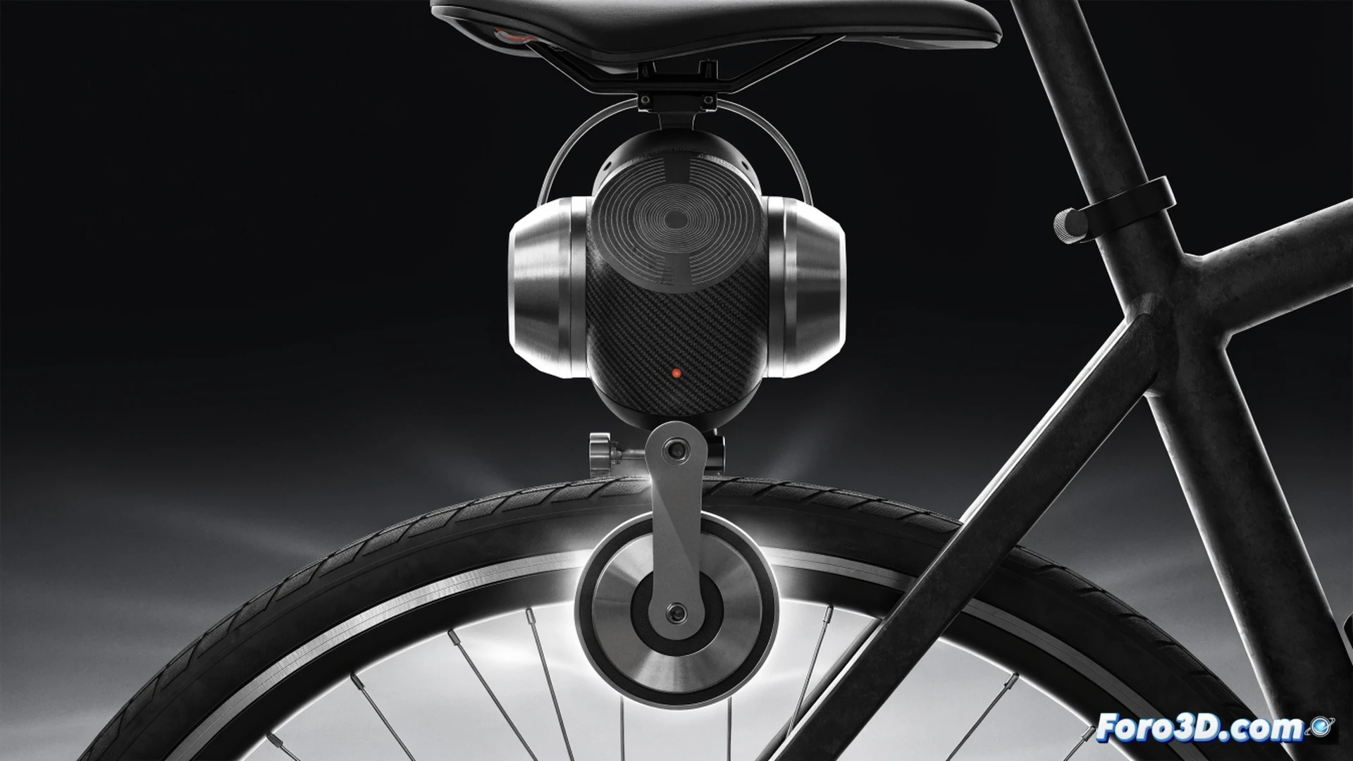 ASUS Oxiis device mounted under a bicycle saddle, compact bottle-shaped motor pressing a roller firmly against the rear tire sidewall, rotating roller transferring 250 watts of torque to the rubber surface, bicycle frame stationary on a city street, cables connecting motor to a small handlebar control unit, rider seated pedaling lightly while the motor assists, urban background with blurred buildings and streetlights, action showing the roller in motion against the tire, technical engineering visualization, metallic motor casing with visible cooling fins and electronic ports, realistic rubber texture and tire tread, photorealistic industrial render, dramatic side lighting highlighting the motor mechanism, no text or numbers visible