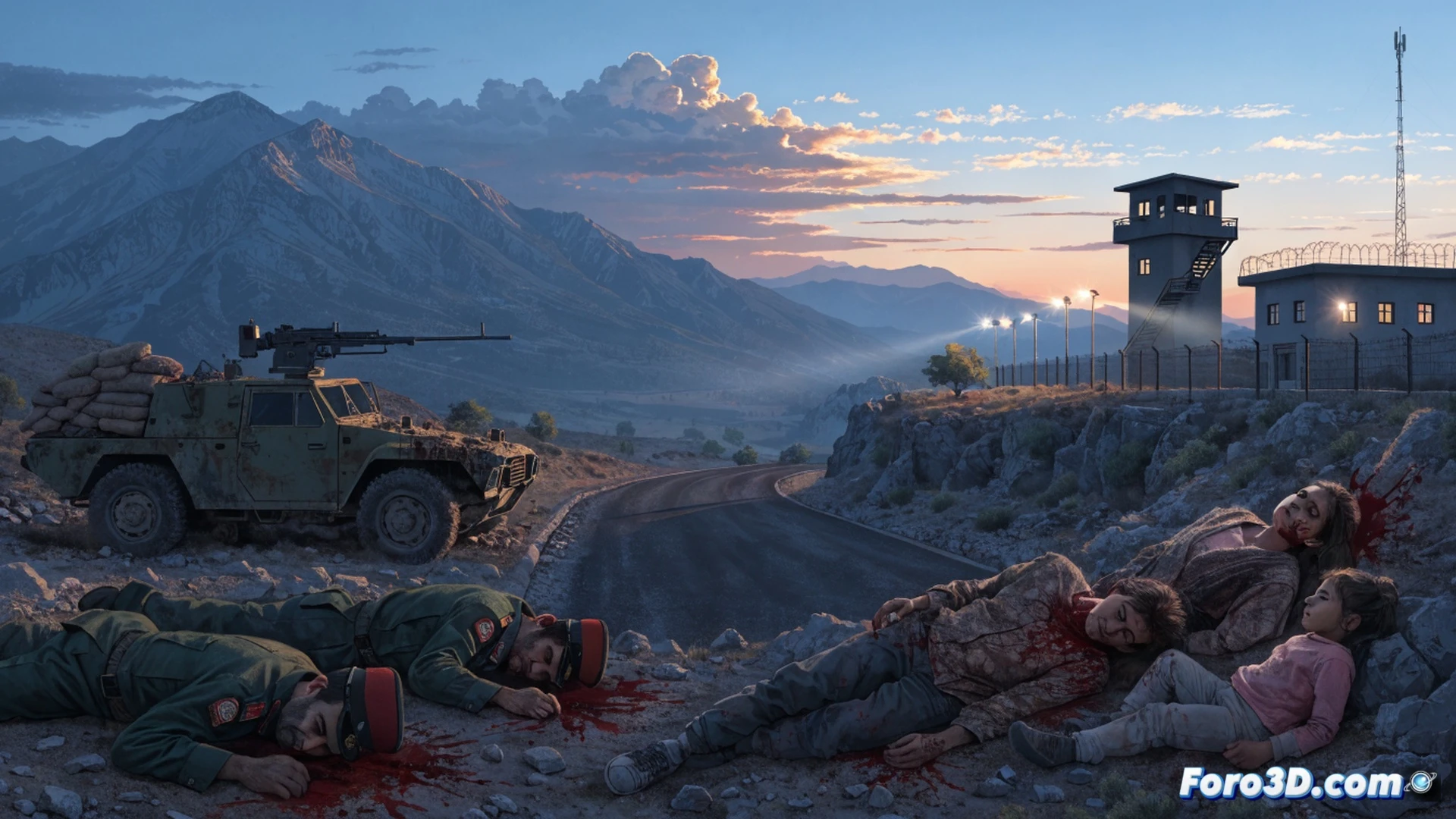 explosion aftermath near Iran-Iraq border checkpoint, two Revolutionary Guard soldiers lying motionless near a damaged concrete barrier, a Kurdish fighter collapsed beside a civilian vehicle, smoke rising from burning tires, border surveillance cameras mounted on poles recording the scene, scattered debris and bullet casings on the dusty road, military drone hovering overhead capturing thermal signatures, photorealistic cinematic style, harsh desert sunlight casting long shadows, dust particles suspended in air, emergency lights flashing from a distant patrol truck, wide-angle lens perspective emphasizing desolation and tension