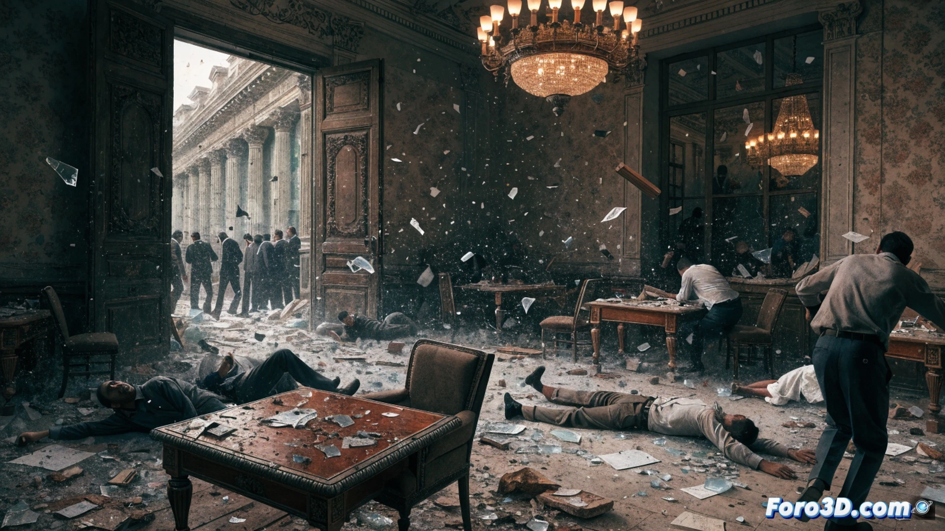 cinematic photorealistic scene of a shattered café interior near a courthouse in Damascus, debris scattered across broken tables and chairs, smoke and dust rising from the epicenter, four legal documents and a law book lying torn on the floor near a damaged laptop, a shattered tablet displaying a map of the city, twisted metal chair legs and shattered glass, emergency response tools like a medical bag and a radio visible in the foreground, a collapsed ceiling fan hanging by wires, dramatic low-angle lighting with harsh shadows, muted beige and gray tones with orange dust particles suspended in the air, ultra-detailed destruction textures, hyperrealistic warzone documentary style