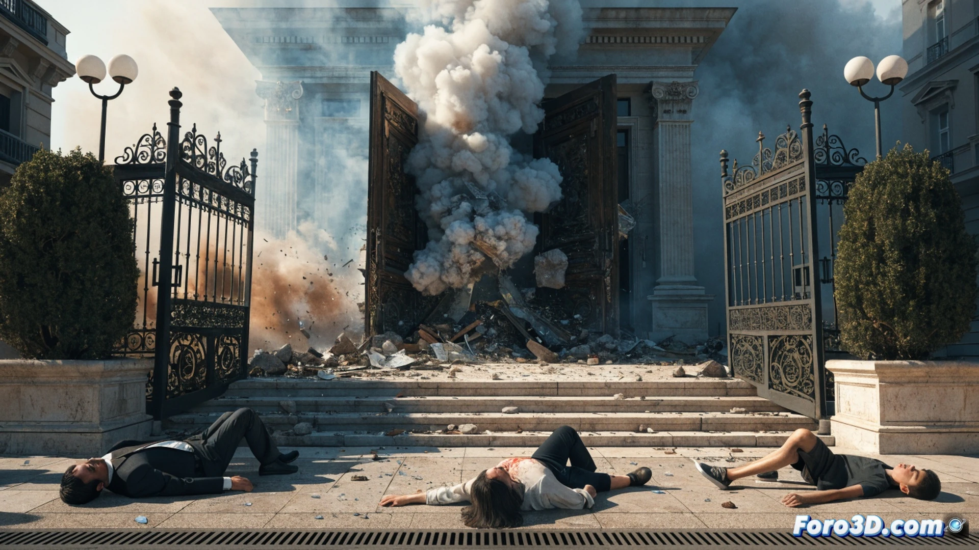 Explosión en la entrada de un edificio de lujo en Mónaco, paquete bomba detonando en el umbral, fragmentos metálicos y esquirlas volando, hombre y mujer derribados junto a un adolescente, escaleras de mármol agrietadas, humo gris elevándose, luces de emergencia rojas parpadeando, agente de seguridad corriendo, cámara de vigilancia con lente rota, estilo cinematográfico fotorrealista, iluminación dramática nocturna, texturas de piedra y vidrio detalladas.