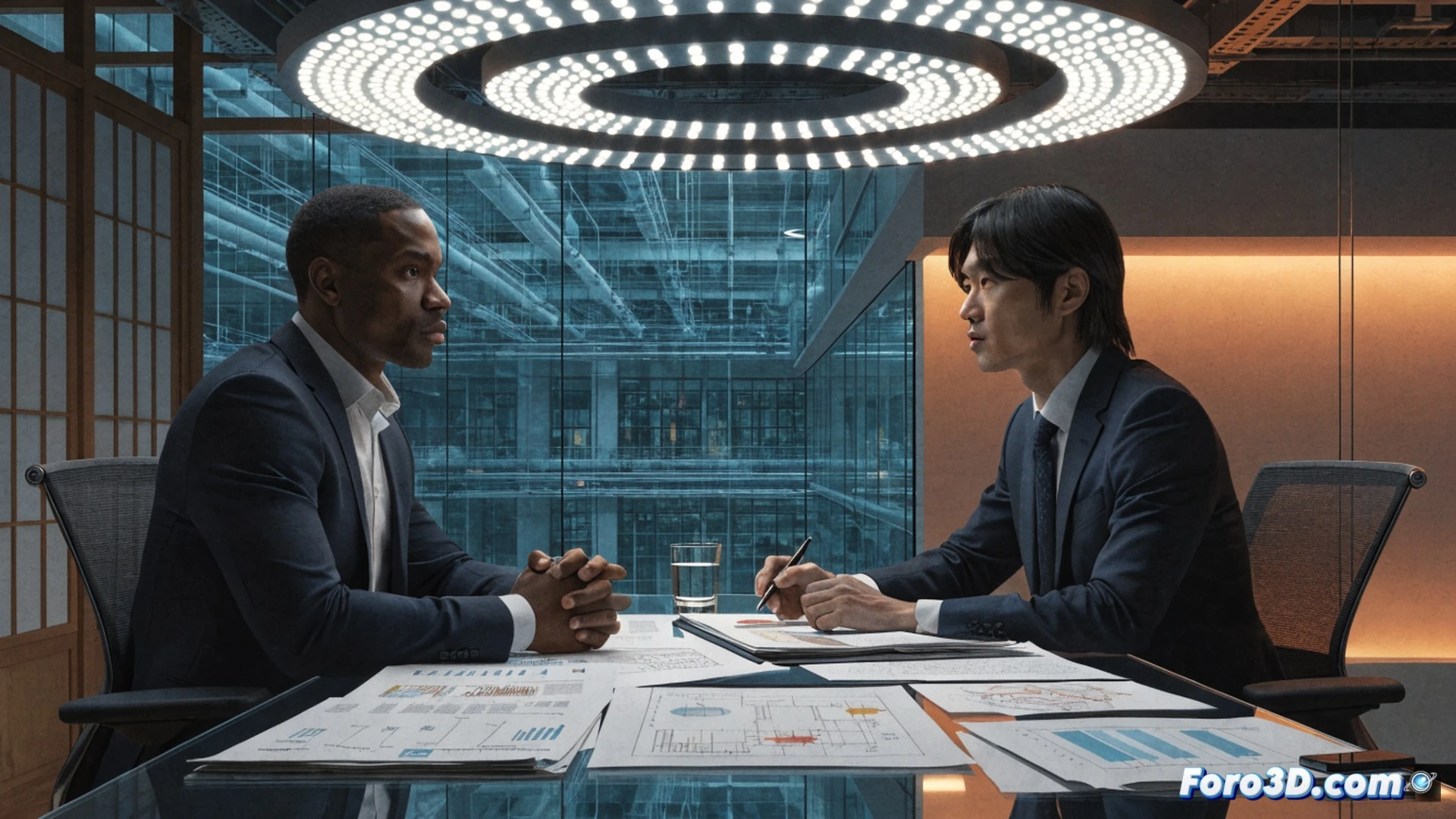 Japanese financial district office interior, Larik Hall in navy suit reviewing reinsurance contract documents with Japanese life insurance executives, large digital screen displaying Apollo Global Management growth chart and Sony Life partnership timeline, polished mahogany table with stacked actuarial reports and premium calculation models, cinematic corporate photography style, warm ambient lighting from paper lanterns, Tokyo skyline visible through floor-to-ceiling windows, professional handshake in foreground, holographic risk assessment data floating above table, photorealistic technical visualization, ultra-detailed fabric textures, subtle motion blur from turning pages, dramatic lens flare from window light.