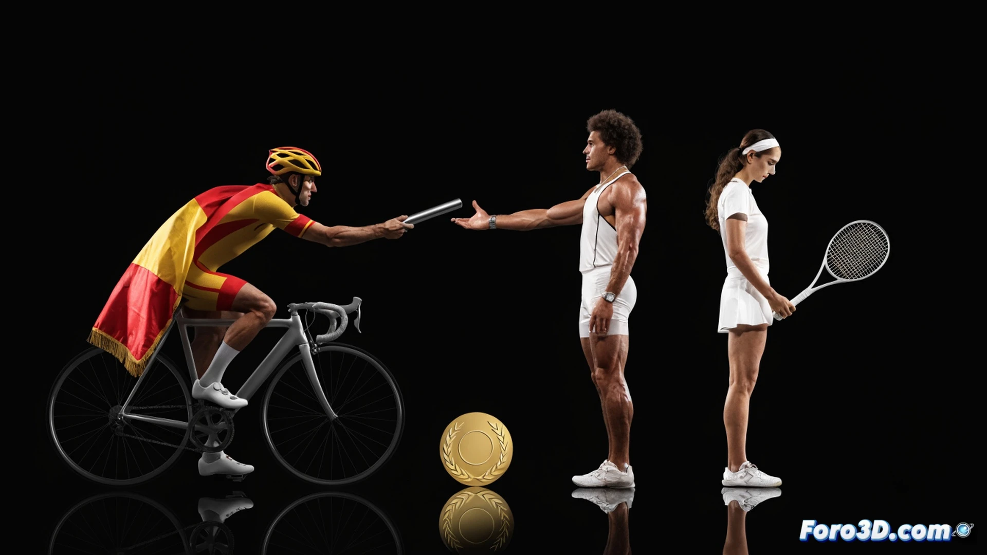 Three Olympic runners passing a glowing baton in a stadium at dusk, one hand releasing the baton while another hand grips it mid-transfer, motion blur on legs showing sprinting action, crowd silhouettes in background, track lane markings visible, cinematic sports photography style, dramatic golden hour lighting, photorealistic detail, shallow depth of field, sweat droplets frozen in air, tension in facial expressions, high-speed action capture, ultra-realistic athletic physiques, dynamic composition