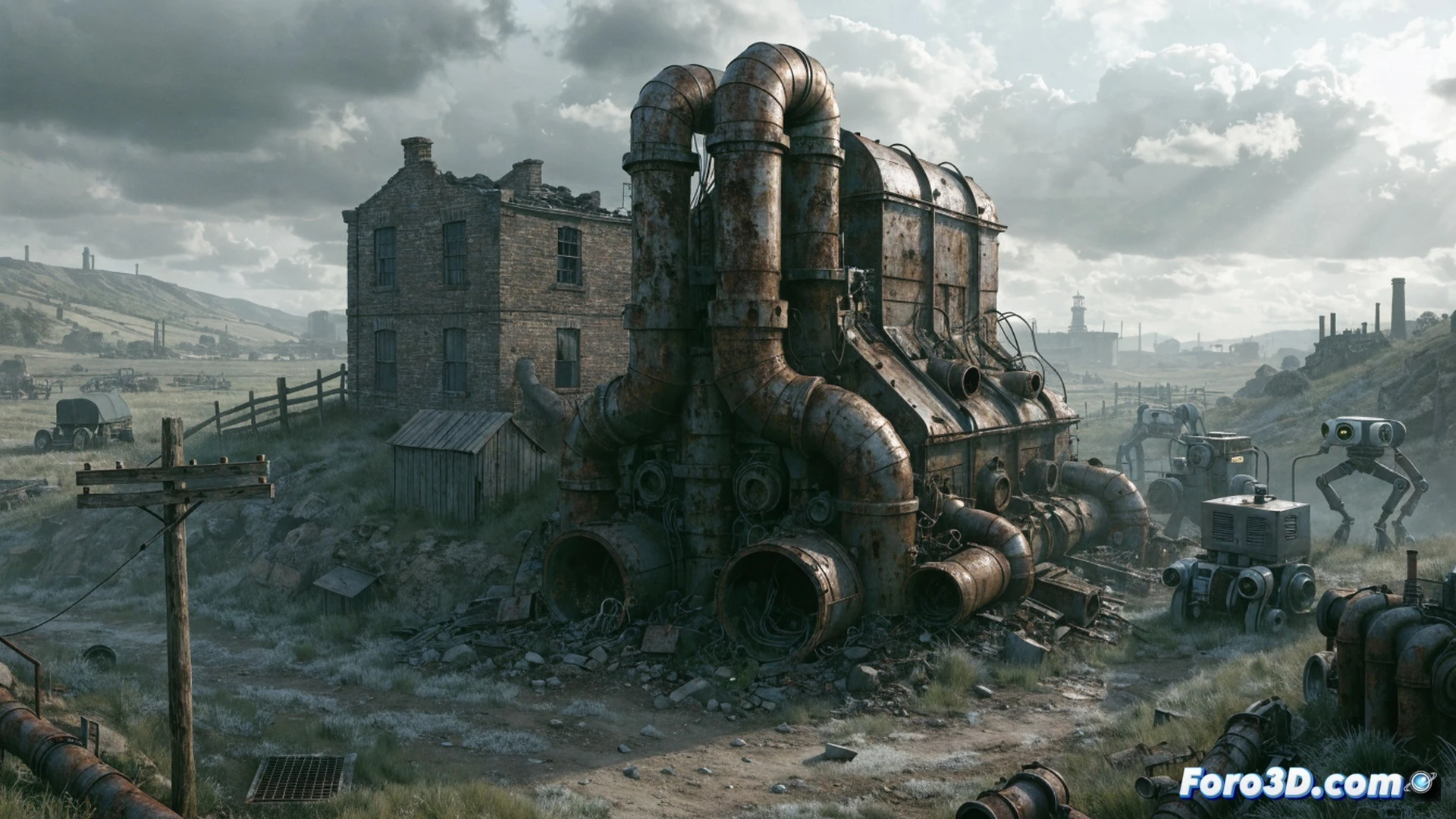 Abandoned British countryside bunker entrance, rusted steel door half-open, cold grey light filtering through radioactive fog, a vintage 1960s computer terminal glowing with green CRT static, broken teacup on wet concrete floor, dead grass and twisted metal fence posts, cinematic photorealistic render, damp moss creeping over corroded warning signs, decaying retro-futuristic control panel with exposed vacuum tubes, dramatic low-key lighting, bleak apocalyptic atmosphere, ultra-detailed oxidation textures, cold mist drifting across the scene, showing a silent moment of post-disaster decay, technical illustration style, no text or numbers visible.