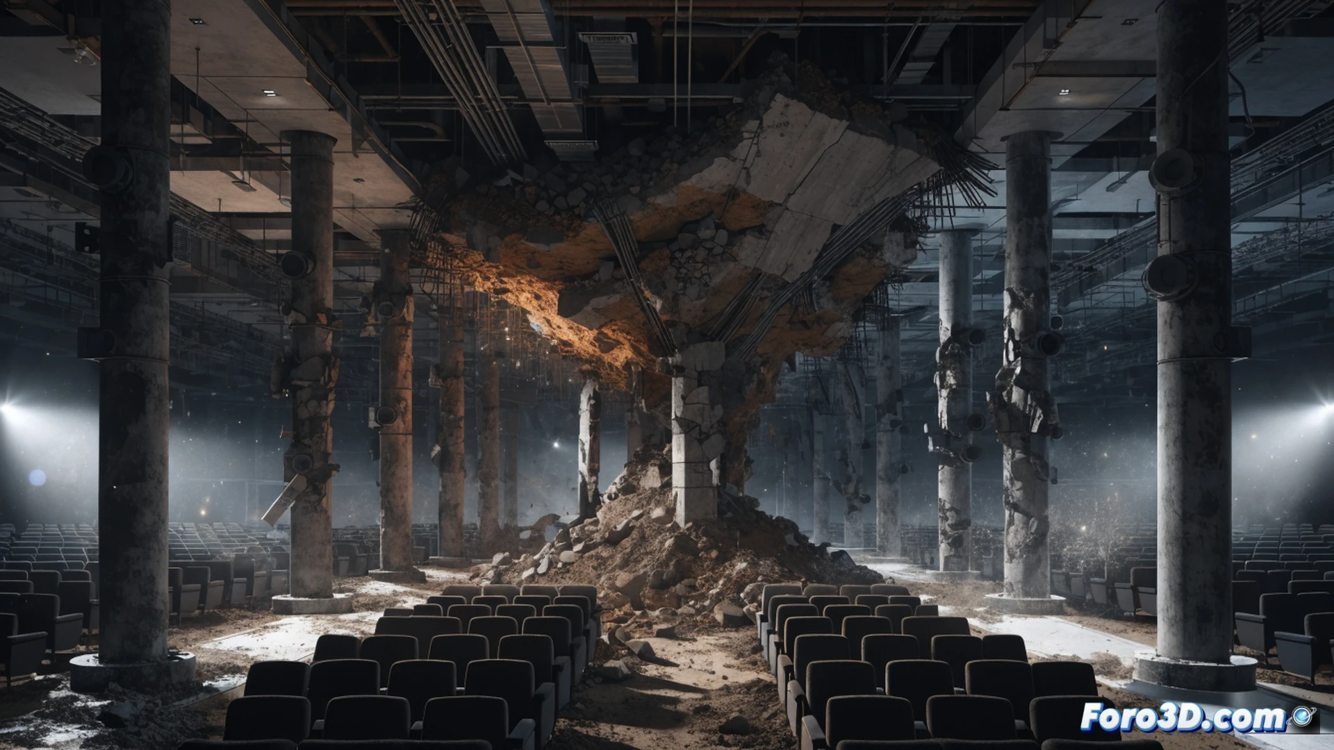 Auditorio subterráneo parcialmente colapsado, pilares de hormigón fracturados por punzonamiento durante el fallo estructural, grietas radiales en el techo mientras la losa de cubierta se hunde bajo el peso del terreno superior, ingenieros examinando planos geotécnicos y modelos de software en tabletas cerca de los escombros, herramientas de medición y sensores de deformación dispersos en el suelo polvoriento, iluminación dramática con focos de emergencia, estilo cinematic photorealistic engineering visualization, texturas de hormigón astillado y tierra compactada visibles, atmósfera tensa de investigación forense