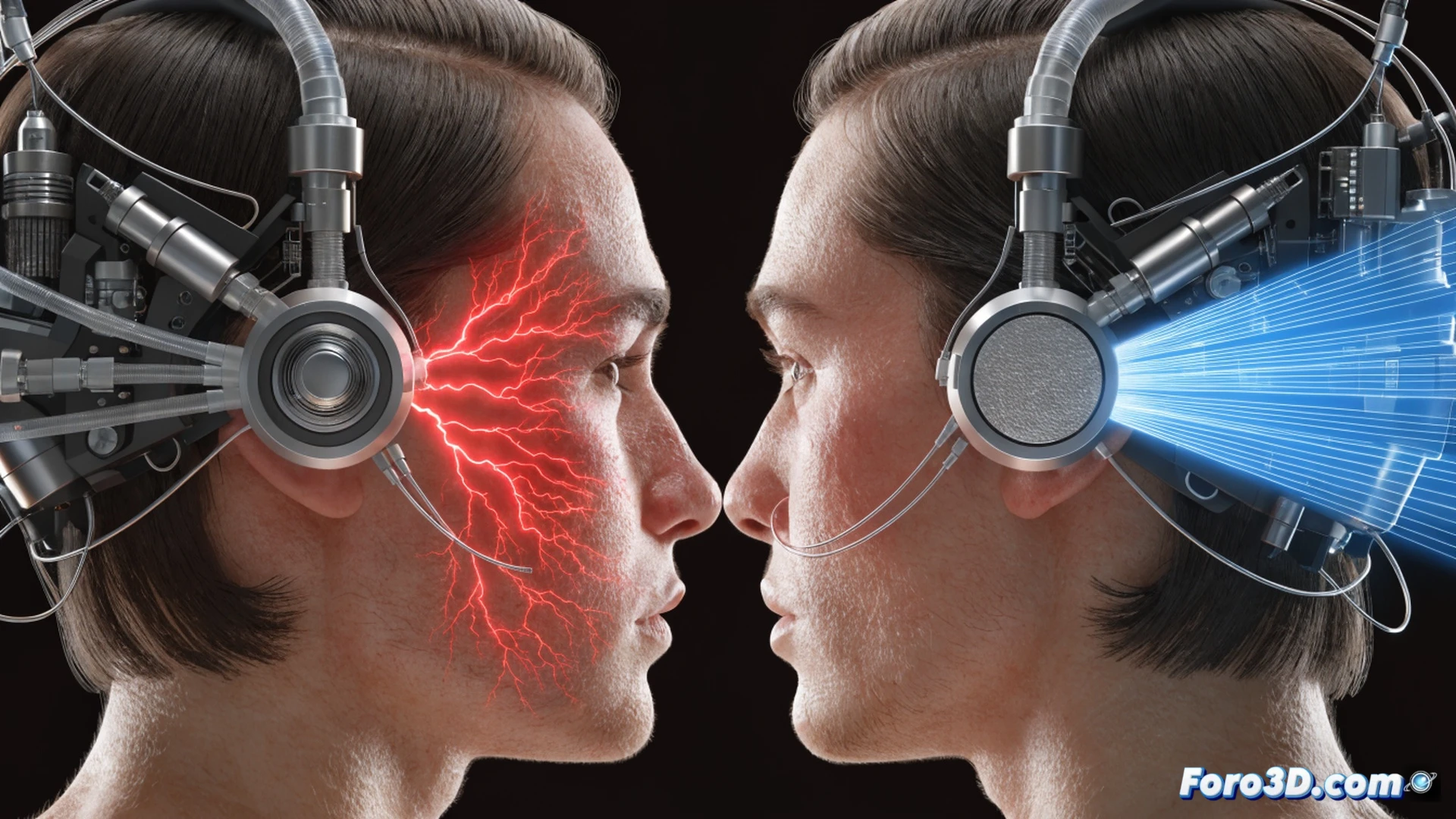 A person wearing sleek medical headphones while a technician adjusts a small control panel showing brainwave and audio frequency waveforms, blue electrical pulses traveling through transparent cranial electrodes into the auditory nerve area, sound wave ripples interacting with neural firing patterns, hyperactive nerve signals calming into smooth oscillations, photorealistic medical illustration style, glowing neurological pathways inside a semi-transparent head model, dark clinical background with soft blue and amber lighting, detailed electrode contacts on the scalp, oscilloscope screen displaying frequency modulation, calm focused expression on the user, ultra-detailed hardware components and neural mapping lines