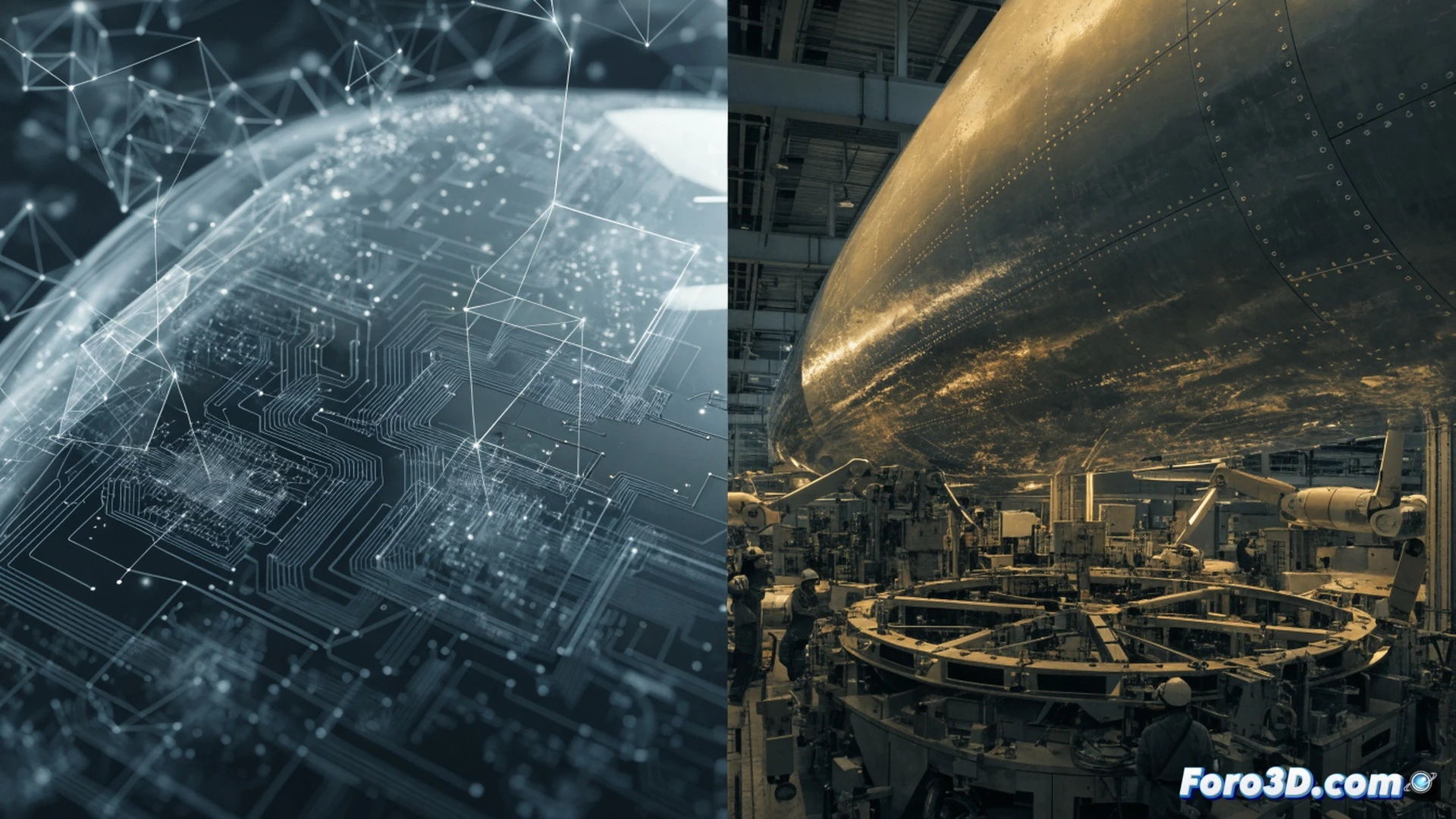 industrial engineering workspace showing a large aircraft wing section on a factory floor, a holographic AI interface floating above a tablet displaying digital workflow automation, a technician gesturing toward the hologram while paper documents are visibly shrinking into a small stack, metallic tools and aerospace components in foreground, bright overhead LED factory lighting, clean modern assembly line background, photorealistic technical visualization, sharp focus on the holographic data streams and mechanical details, cinematic depth of field, hyper-detailed metal surfaces