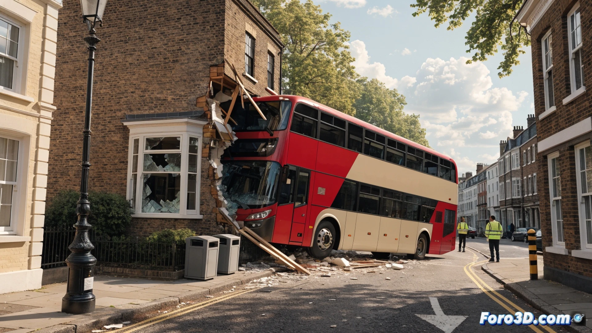 double-decker bus front embedded into brick house facade in North Kensington, shattered window frame splintering under impact, bus headlights still lit, cracked plaster and exposed wiring visible, emergency cone placed on pavement, traffic light showing red, photorealistic engineering visualization, dramatic late afternoon shadows, dust particles suspended in air, structural damage assessment angle, ultra-detailed masonry and vehicle bodywork, cinematic documentary style lighting