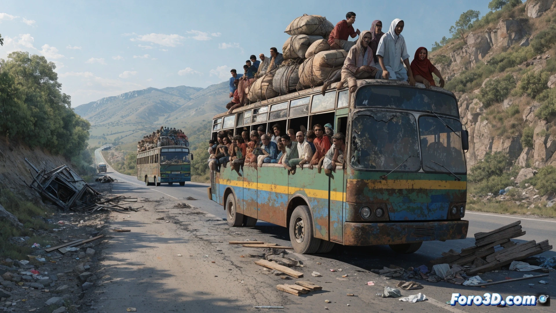 Pakistani public bus overloaded on cracked mountain road, passengers hanging from roof and doors, bus tilting dangerously while crossing a crumbling bridge, rusted chassis visible, worn tires, frayed brake cables exposed, dust clouds rising, cinematic photorealistic technical illustration, dramatic golden hour lighting, contrasting urgent mobility against decaying infrastructure, ultra-detailed mechanical failure signs, documentary-style composition, gritty textures, atmospheric haze