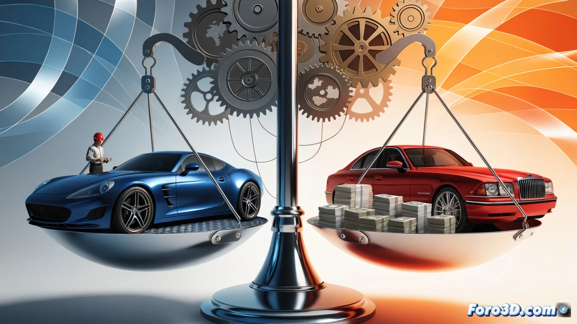 balanced scale with a classic British car on one side and a stack of Chinese electric vehicle batteries on the other, a factory worker in overalls tightening a wrench on the car side while a consumer hand reaches for a low price tag on the battery side, UK flag draped over the car, action of worker straining to maintain balance, scale tipping slightly toward batteries, cinematic photorealistic engineering visualization, metallic workshop background, welding sparks falling, glossy car paint reflecting fluorescent lights, detailed battery cells with visible cooling fins, dramatic shadows, ultra-sharp industrial machinery in background