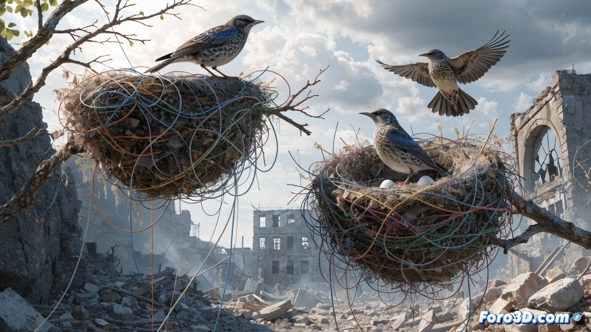 small bird perched on a war-damaged tree branch, weaving a thin fiber optic cable into its nest structure beside a broken wooden utility pole, loose cable strands hanging down, scattered natural twigs and grass on the ground below, dusty battlefield landscape with distant smoke haze, photorealistic wildlife documentation style, bright daylight, sharp focus on the bird and cable texture, soft background blur, dramatic contrast between organic feathers and synthetic cable, ultra-detailed feathers and cable filaments, cinematic natural history photography