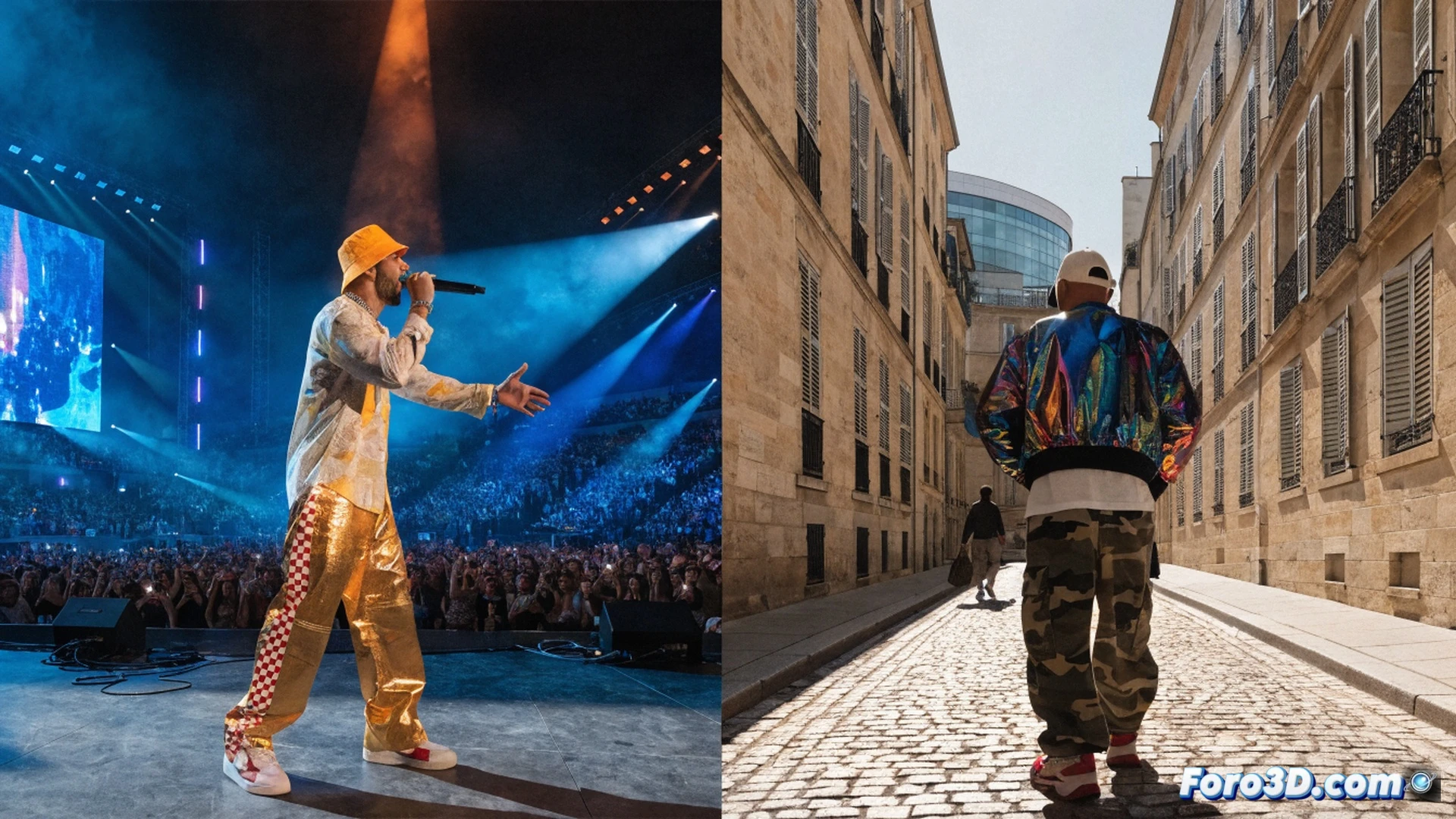 Bad Bunny en el escenario de un concierto en Francia, micrófono en mano mientras canta, luces de neón rosa y azul iluminando al público, fans franceses con banderas de Puerto Rico y Francia, altavoces gigantes y pantallas LED mostrando visuales de la gira, equipo técnico de sonido y mezcladores digitales visibles en la consola, cables de audio conectados a monitores de escenario, fotorealista estilo cinematográfico, acción vibrante durante la actuación, humo escénico y destellos de luces estroboscópicas, multitud emocionada con brazos levantados, escenario metálico y rejillas de iluminación técnica
