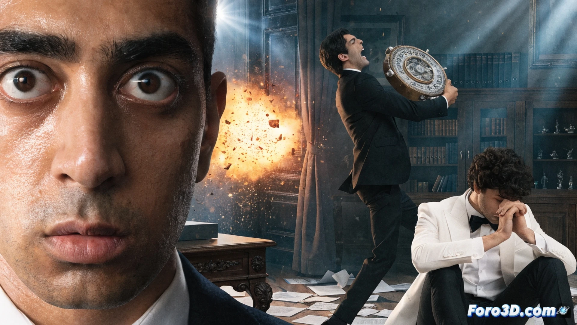 british-pakistani actor rehearsing intense emotional scene in front of a green screen studio, holding a prop gun while a film crew adjusts lighting and cameras, a clapperboard on a tripod nearby, monitoring screens showing a split view of a spy action sequence and a dramatic close-up, cinematic photorealistic render, warm studio lights contrasting with cool blue screen, sweat on actor s face showing emotional strain, casual set chaos with cables and equipment, blending humor and vulnerability, hyper-detailed textures, film grain effect