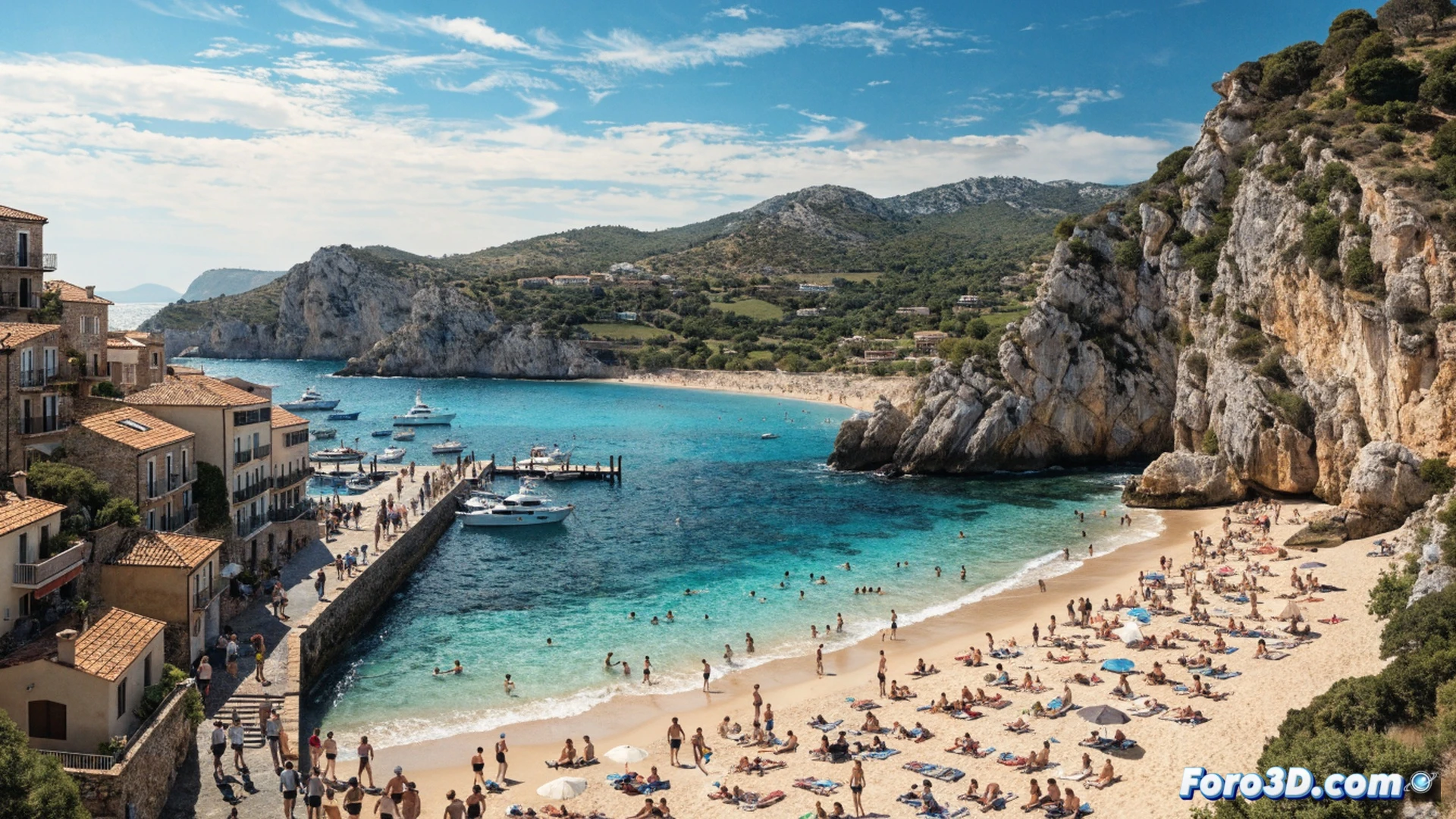 Crowded Mediterranean beach with tourist luggage scattered on sand, digital data overlays showing rising visitor numbers and spending graphs floating above the coastline, hotel construction cranes active in background while local residents hold protest signs near housing blocks, cinematic photorealistic style, warm golden hour sunlight, sharp contrast between leisure activities and urban pressure, aerial perspective showing packed seafront promenade, realistic shadows and reflections on water, detailed architecture and crowd textures, technical illustration with economic indicators visualized as holographic bar charts
