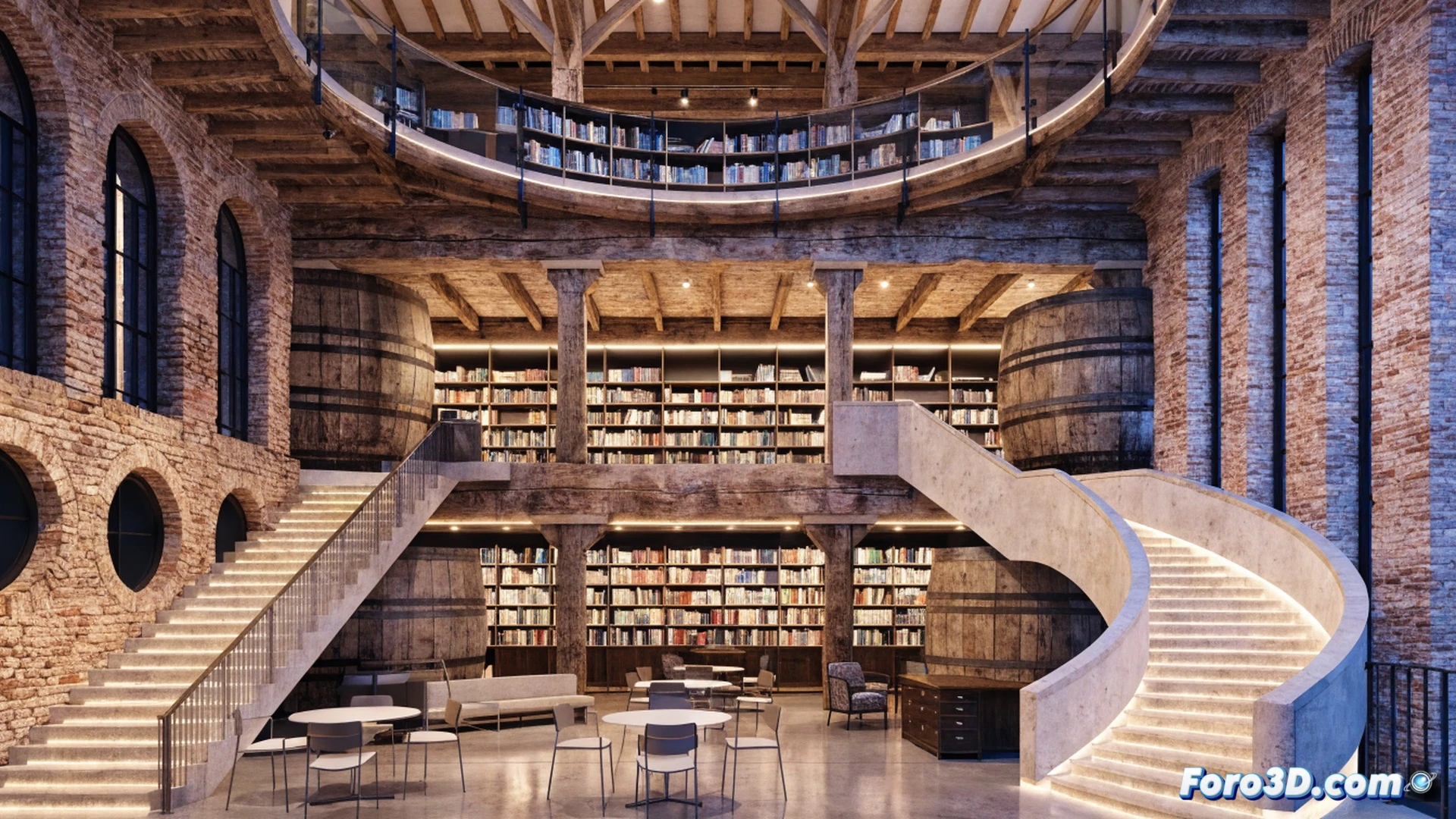 antiguo celler cooperativo transformado en biblioteca moderna, tres plantas de altura con vigas de madera originales y muros de piedra restaurados, visitantes subiendo escaleras metálicas contemporáneas mientras sostienen libros abiertos, estanterías iluminadas con luz cálida integradas en arcos de bodega, mostrando proceso de rehabilitación arquitectónica, mezcla de estructura industrial histórica y mobiliario minimalista, fotorealistic interior render, atmósfera acogedora con rayos de sol entrando por claraboyas, sombras suaves sobre suelo de hormigón pulido, estilo cinematográfico documental