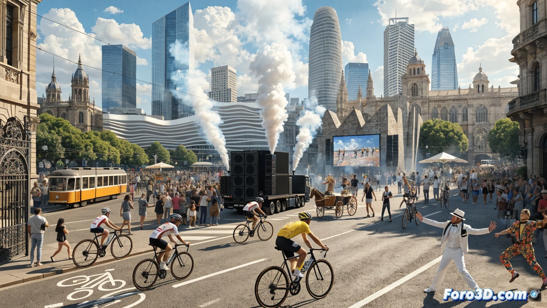 Barcelona street festival scene during Tour de France, cyclists racing past a stage with Sidonie band performing live, families watching from sidewalks, giant LED screens showing race footage, technical camera rigs capturing the action, cinematic photorealistic visualization, warm golden hour lighting, motion blur on bikes, crowd cheering with raised arms, festival flags waving, detailed urban architecture background, high-contrast dynamic composition