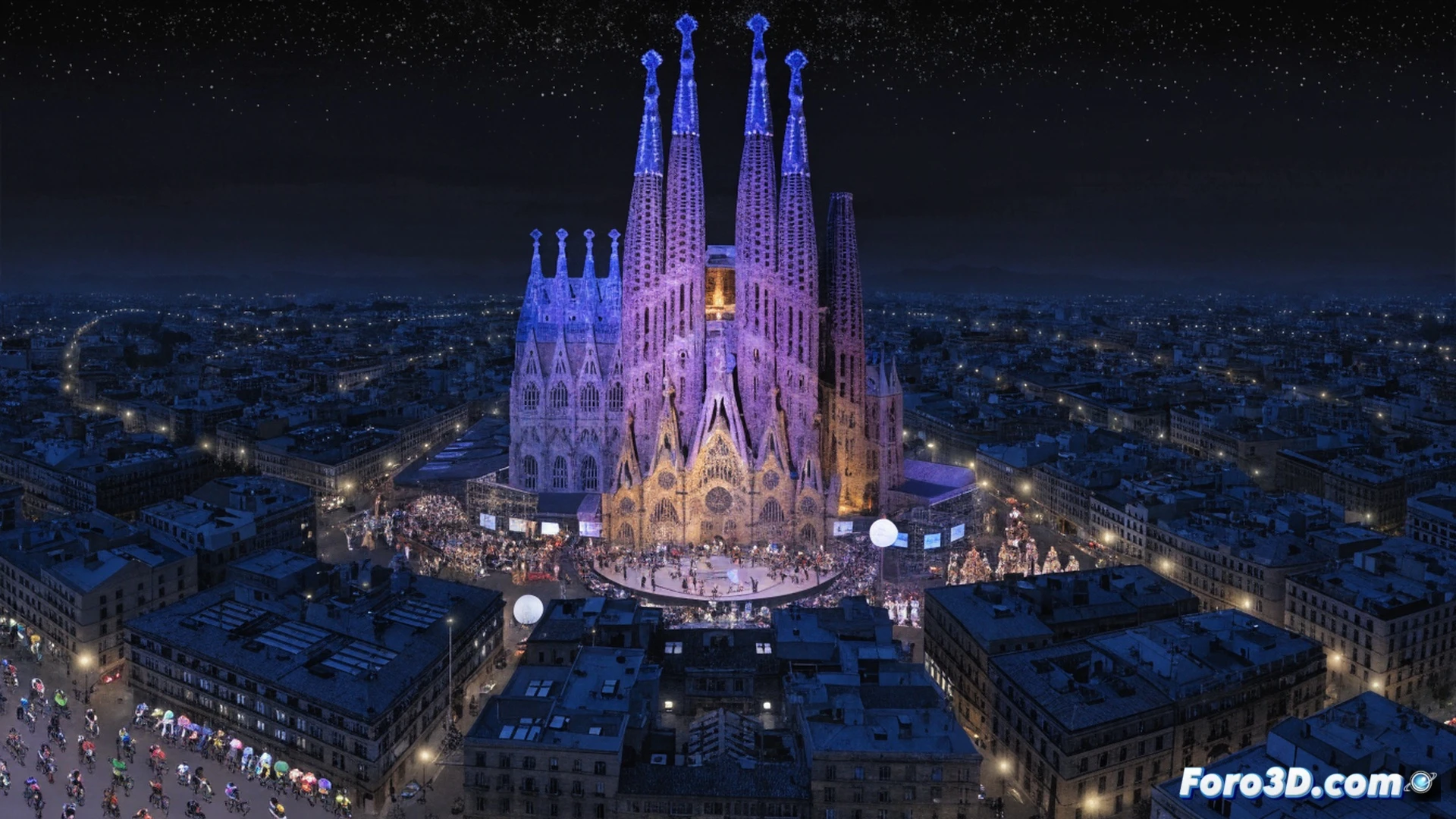 Sagrada Familia illuminated at dusk, cyclists in team jerseys raising bikes above heads on a central stage, traditional castells forming a human tower in the foreground, musicians playing brass instruments while dancers spin, massive television cameras on cranes tracking the action, cinematic aerial view showing crowds and gothic spires, photorealistic event visualization, dramatic golden and blue lighting, dynamic motion blur from moving performers, ultra-detailed stone facades and scaffolding, international broadcast production equipment visible