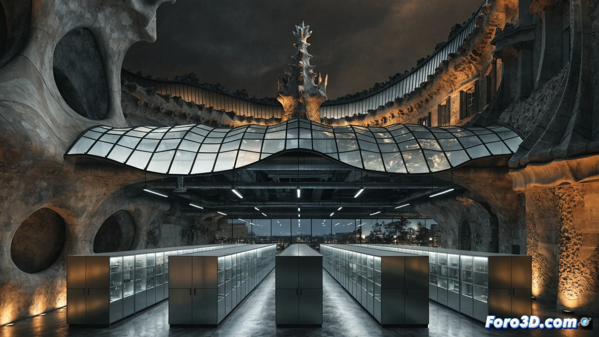 photorealistic architectural visualization of a vast archive construction site in Barcelona, workers installing modular shelving systems while moving stacks of historical documents, 70 kilometers of archival boxes being organized, digital inventory scanners in use, exposed steel framework and concrete floors, cinematic industrial lighting with dust particles, cranes lifting prefabricated archive modules, technical engineering illustration style, ultra-detailed mechanical structures, dramatic shadows from high windows, photorealistic render