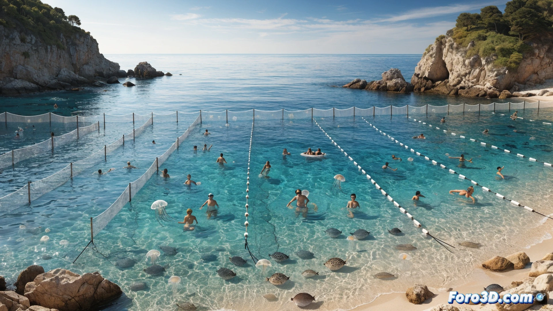 floating net barrier system in turquoise Greek seawater, hexagonal mesh panels forming a closed swimming zone, jellyfish trapped against the netting surface, inflatable orange buoys marking the perimeter, underwater view showing swimmers inside the protected area while jellyfish and pufferfish drift outside, sunlight filtering through clear water, technical illustration style, photorealistic engineering visualization, safety infrastructure demonstration, calm sea surface with gentle waves, rocky beach shoreline in background, ultra-detailed netting texture and floatation components, bright Mediterranean lighting