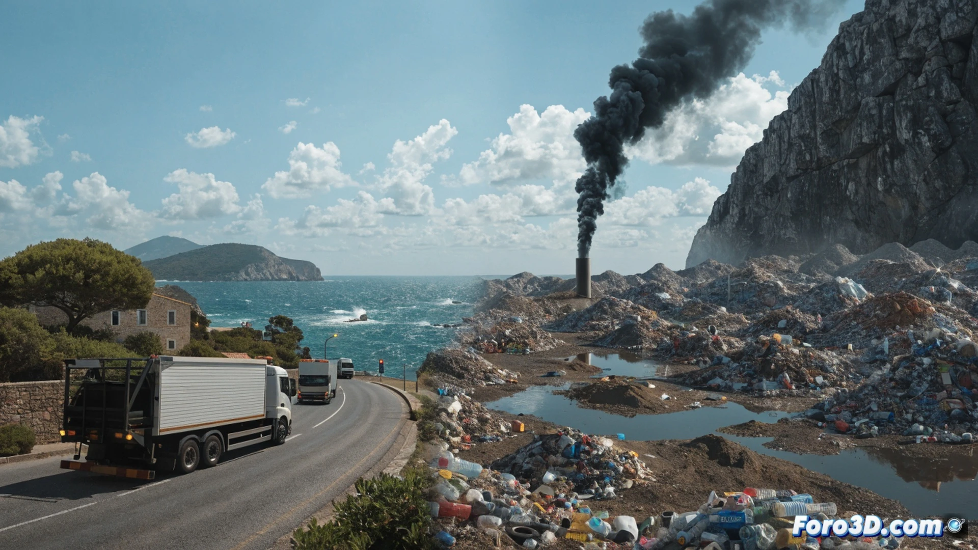 photorealistic technical illustration of waste transfer process, garbage truck unloading mixed municipal waste onto cargo ship deck in Ibiza harbor, plastic bags and organic debris spilling during loading, ferry crossing Mediterranean sea to Mallorca coast in background, heavy machinery compressing waste bales, exhaust fumes rising from diesel engines, cracked asphalt road with traffic jam of waste trucks, dramatic overcast sky, industrial pollution haze, cinematic environmental documentary style, ultra-detailed textures of rusted metal and torn trash bags, realistic Mediterranean landscape with polluted coastline