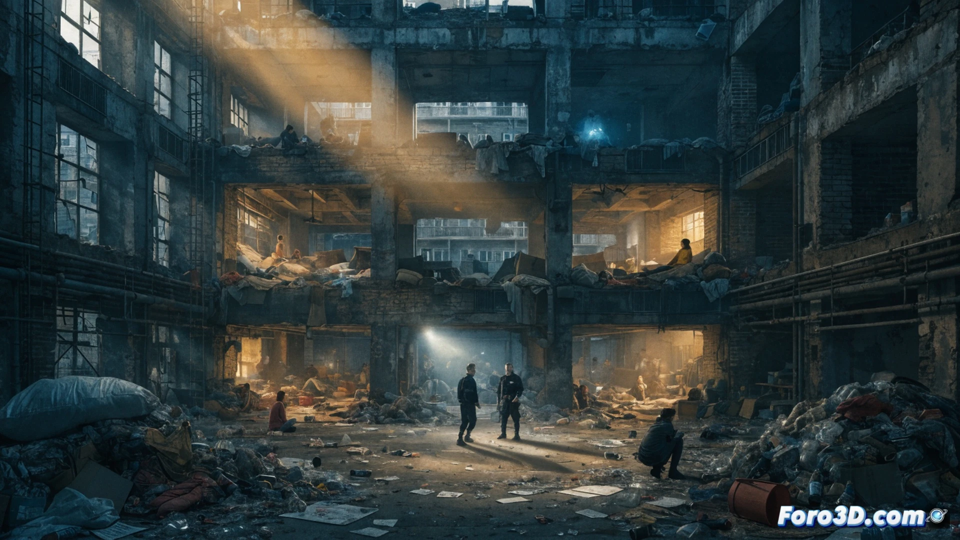 photorealistic urban scene showing abandoned building with broken windows and overflowing trash bags piled on sidewalk, a homeless person carrying a cardboard box walking toward a boarded-up entrance, background shows a luxury apartment tower and a real estate sign reading for sale, contrasting decay with speculation, cinematic lighting with grey cloudy sky, damp asphalt reflecting neon signs, detailed textures of grime and rust, dramatic shadows, technical illustration style with urban decay focus