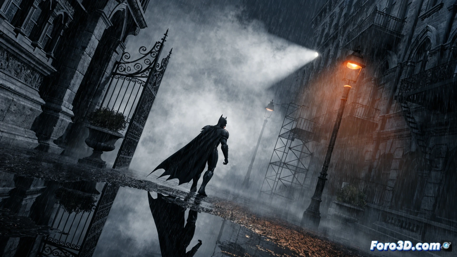 Batman Arkham Shadow VR scene, rain-soaked gothic rooftop, volumetric fog swirling around a gargoyle, puddle reflections casting neon city lights, Batman crouching while cape drapes heavily over shoulders, grappling gun aimed at distant shadow, Unreal Engine real-time rendering, cinematic photorealistic style, dynamic rain streaks hitting brickwork, wet surfaces with specular highlights, dark blue and orange contrast, immersive action moment showing weight of movement, detailed Batsuit texture with metallic armor plates, glowing Bat-symbol on chest, mist interacting with character silhouette, technical illustration of VR immersion