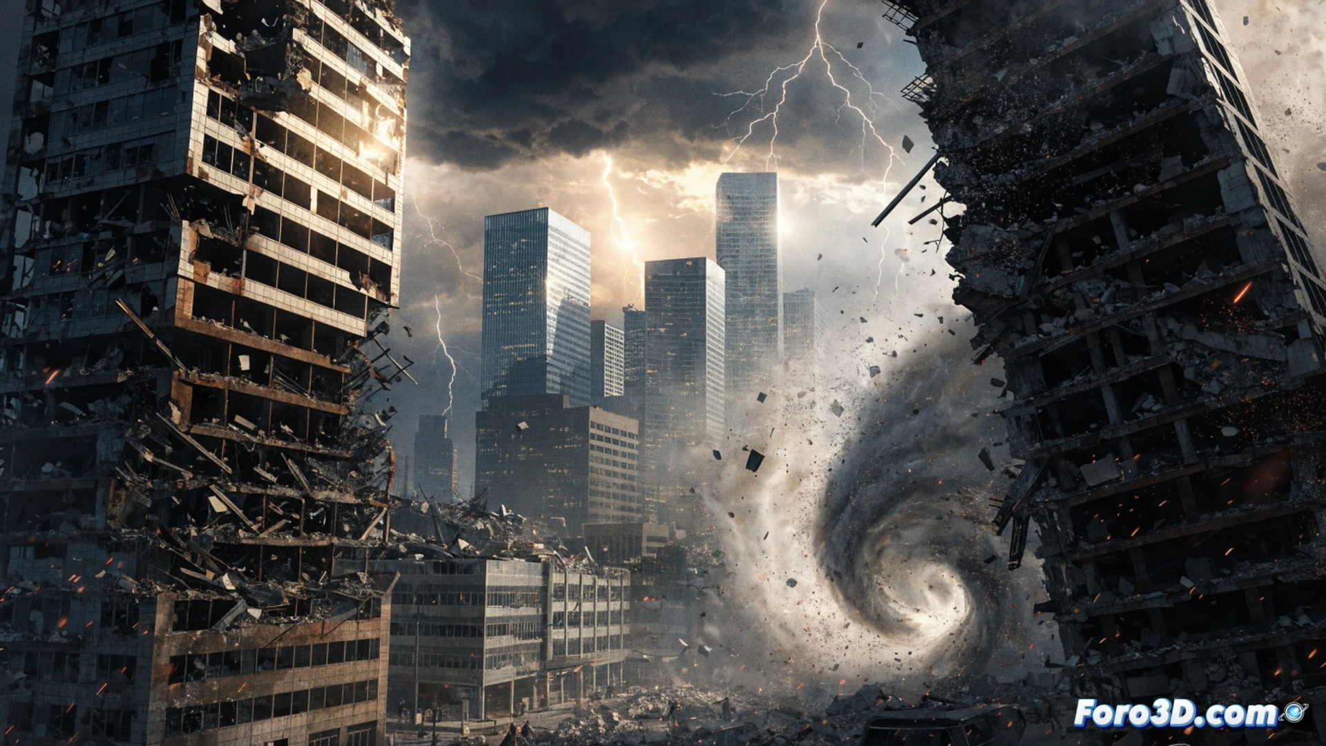 cinematic wide shot of a collapsing skyscraper in a war-torn city, massive concrete sections breaking apart in real-time physics simulation, a tornado twisting through the skyline with lightning strikes illuminating debris clouds, military vehicles and soldiers scrambling through rubble-filled streets, Frostbite Engine particle effects showing glass shards and dust plumes, dynamic storm clouds with volumetric lighting, photorealistic destruction, ultra-detailed building fractures and exposed steel rebar, dramatic orange-black sky, motion blur on falling debris, technical visualization of structural failure and weather system interaction
