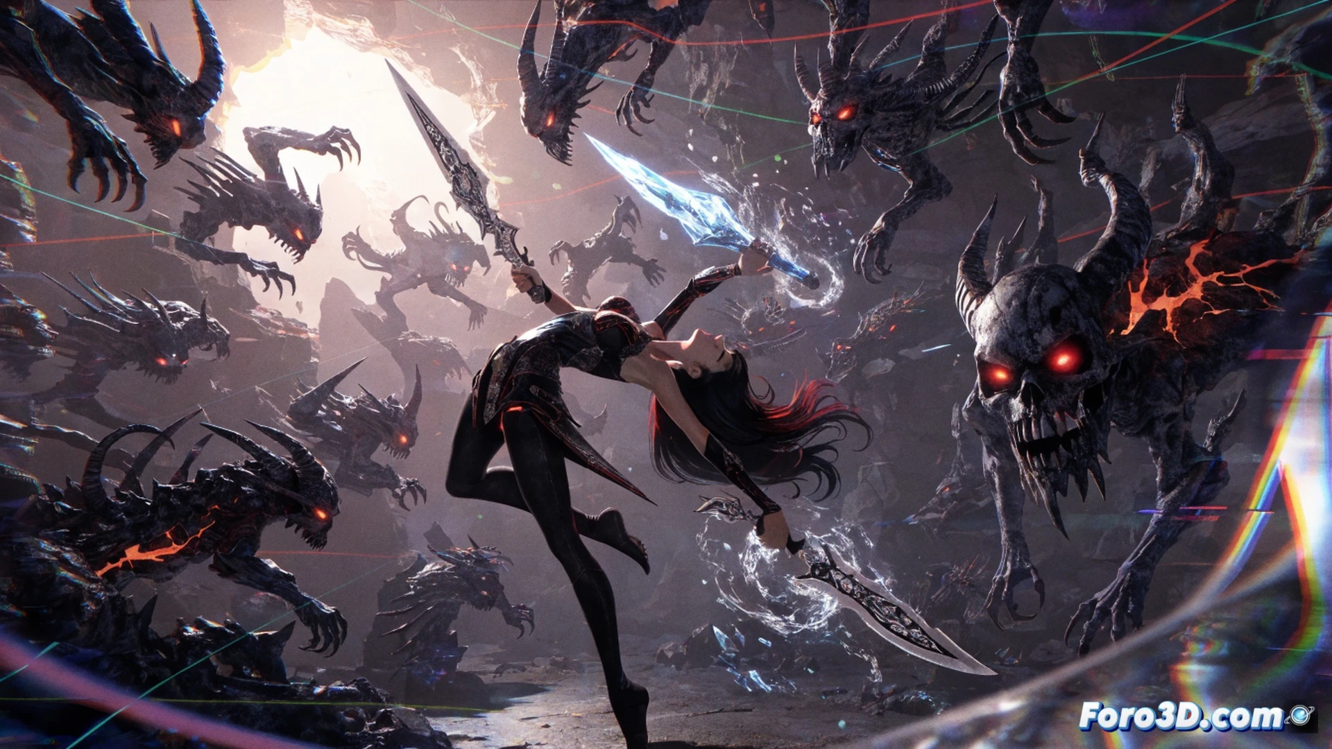 Bayonetta 3 gameplay scene, witch summoning giant demon Gomorrah mid-combo, Switch console internals visible in cross-section, GPU and CPU glowing with heat pipes under load, particle effects and distortion shaders swirling around the action, frame rate stability indicator showing 60fps, demon crushing enemies with massive claws, stylized cybernetic fever dream aesthetic, neon magenta and cyan lighting, technical illustration style, high-contrast cinematic render, detailed circuit board traces and cooling fins, motion blur on demon tendrils, realistic smoke and debris particles, engineering visualization of resource management system