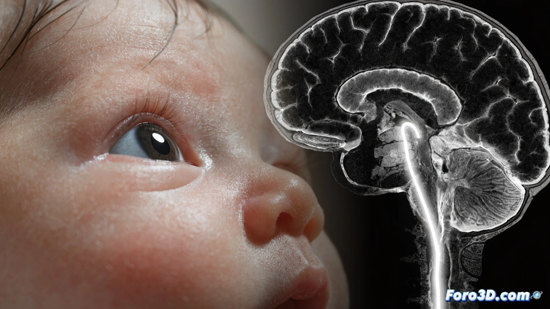newborn baby lying in hospital crib, brain scan monitor displaying active parietal lobe region with glowing neural pathways, abstract floating groups of geometric shapes in two distinct clusters near baby's head, medical electrodes gently attached to scalp, soft clinical lighting, photorealistic medical visualization, shallow depth of field focusing on brain activity visualization, subtle blue and orange color contrast between shape clusters, sterile hospital environment with blurred medical equipment in background, ultra-detailed skin texture and monitoring cables, cinematic scientific illustration style
