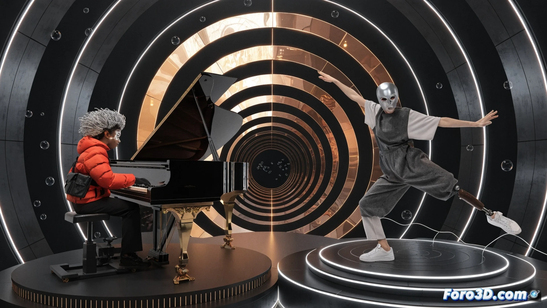 young pianist with autism spectrum condition sitting at grand piano in bright modern studio, sheet music with braille notation visible on music stand, fingers pressing glowing keys while sound waves visualized as flowing golden light from piano into air, dance student in wheelchair rehearsing choreography with motion capture sensors on arms, inclusive band members playing adapted instruments with ergonomic grips, warm sunlight streaming through large windows illuminating polished floor, subtle musical notes floating in atmosphere, photorealistic technical illustration style, soft cinematic lighting with dramatic contrast, ultra-detailed textures on instruments and assistive devices, hopeful and empowering mood