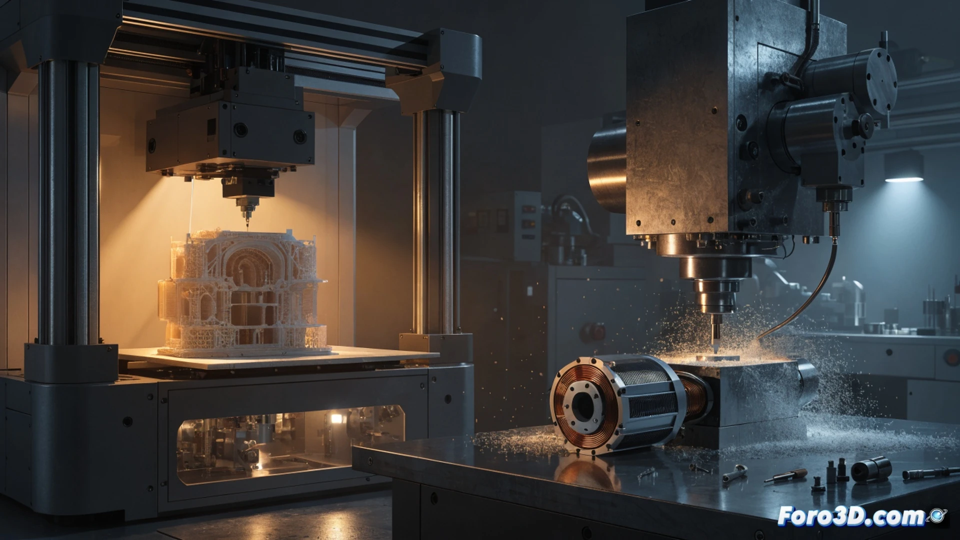 Industrial workshop scene showing a CNC milling machine cutting a metallic drone engine component, sparks flying during precision machining, a robotic arm placing a 3D-printed titanium part onto a workbench, blueprints of unmanned aerial vehicle motors displayed on a monitor, workers in safety gear inspecting finished turbine blades, bright overhead fluorescent lighting, metallic surfaces with oil residue, photorealistic technical illustration, sharp focus on machining action, engineering visualization style