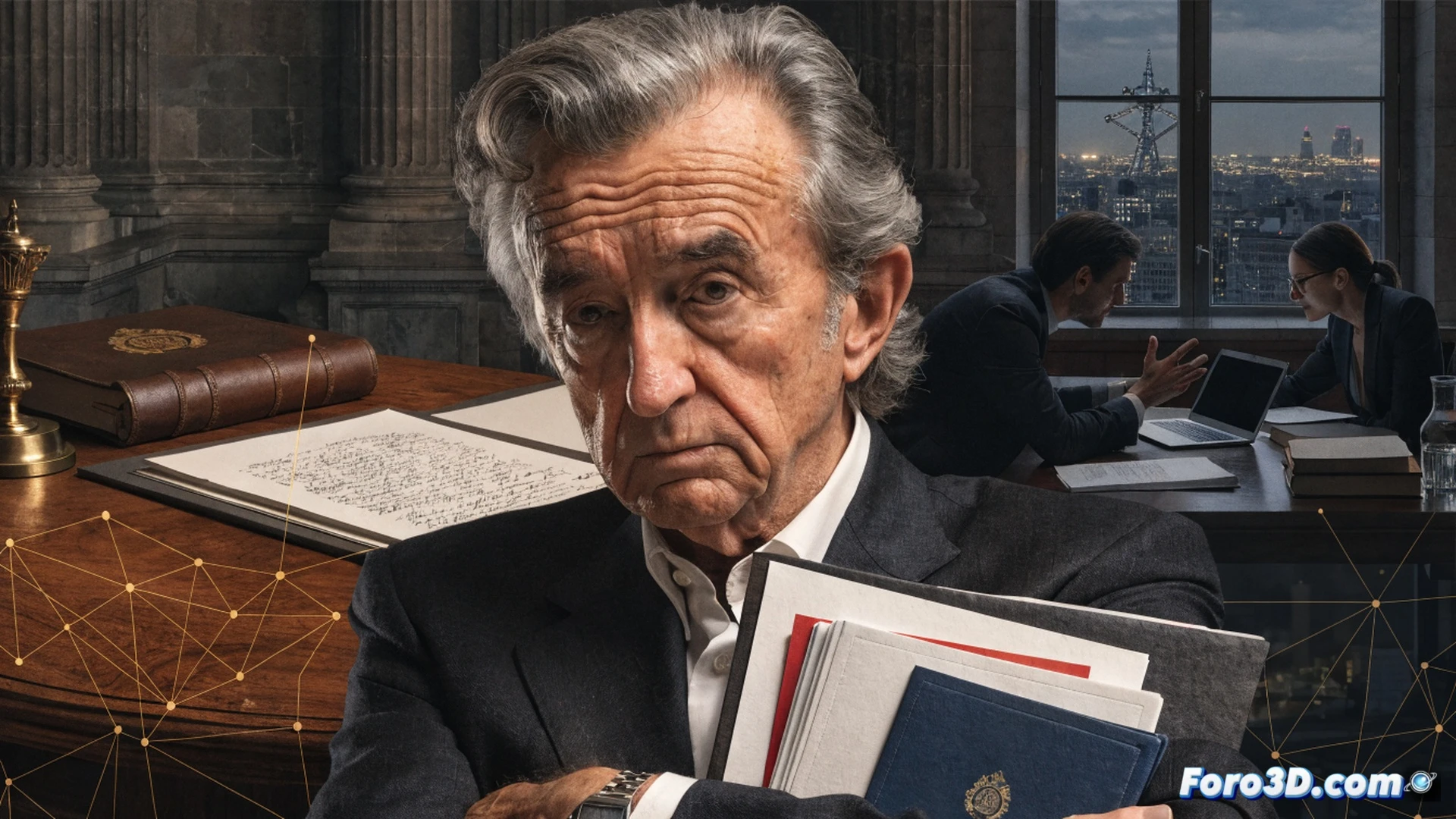Bernard Arnault firmando un cheque gigante en una oficina de lujo, frente a un agente de Hacienda francés sosteniendo un tablet con gráficos fiscales, documentos legales apilados sobre un escritorio de caoba, pantallas mostrando balances empresariales belgas en rojo, una calculadora financiera y un sello oficial de tribunal cerca, estilo cinematográfico fotorrealista, iluminación dramática de contraluz, sombras marcadas, texturas de traje de alta costura y cuero, acción de transferencia de dinero visible, proceso de liquidación de deuda fiscal demostrado, ambiente tenso y formal.