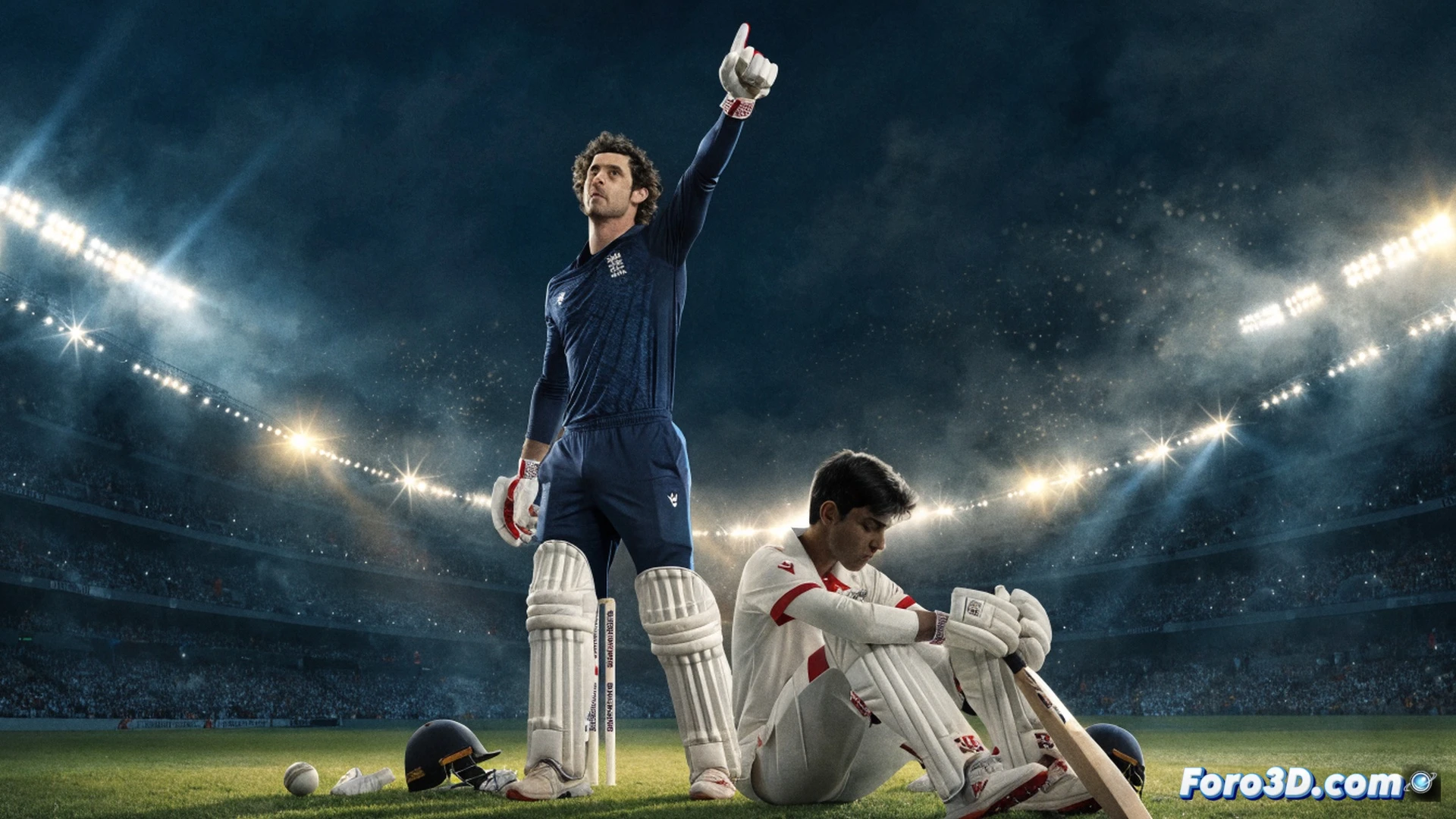 cricket stadium at night under floodlights, Jacob Bethell mid-swing hitting a powerful shot, bat connecting with ball in a burst of motion blur, young Vaibhav Sooryavanshi walking dejectedly back to the pavilion after being dismissed for 14 runs, scoreboard showing England 4 wickets down, glowing LED stumps, dust rising from pitch, dramatic stadium lights casting long shadows, crowd in blurred stands cheering, photorealistic sports photography style, high-speed shutter effect, sweat droplets frozen mid-air, intense competitive atmosphere