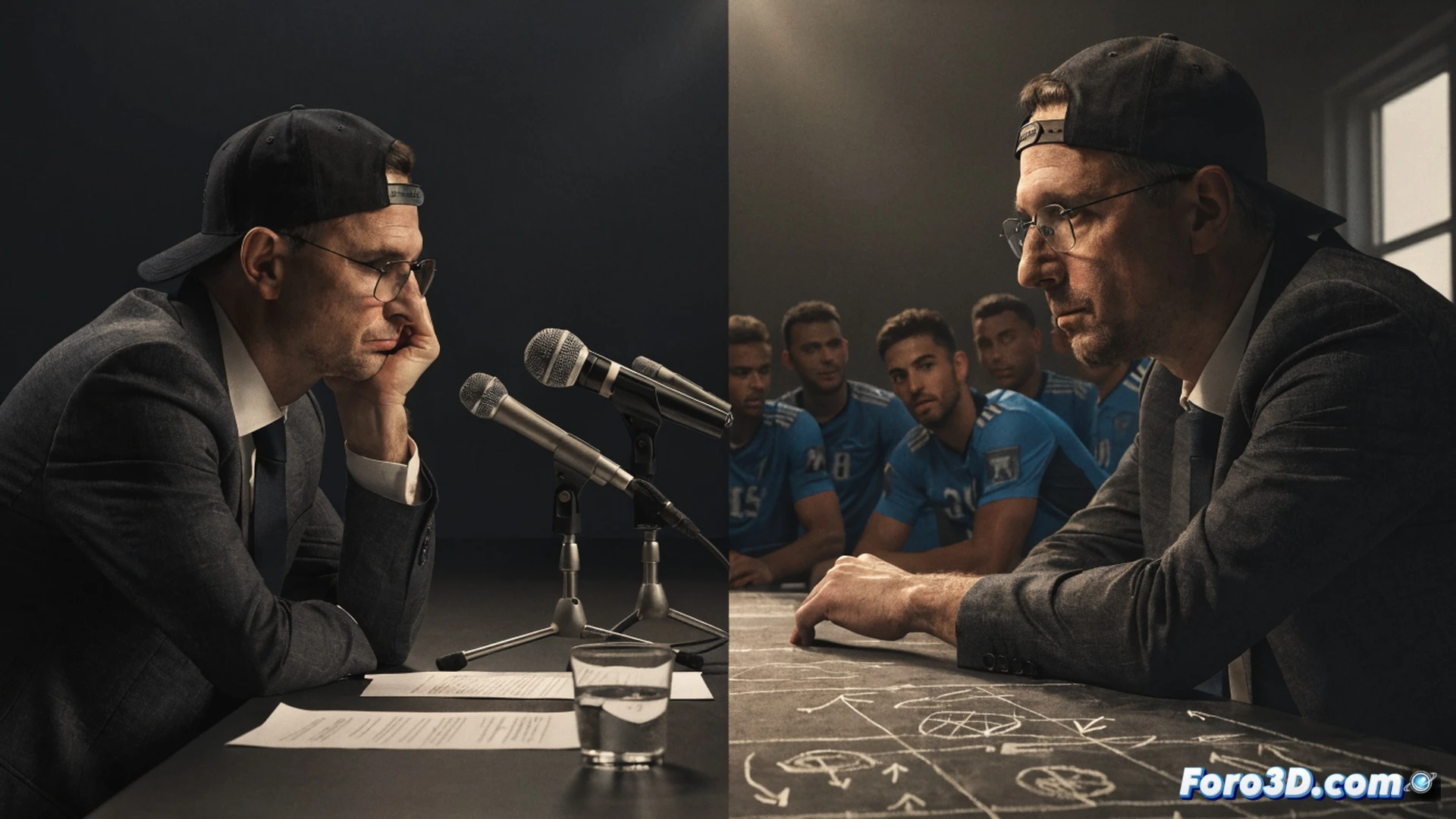 Marcelo Bielsa de pie solo en un vestuario vacío, camisa arrugada, manos apoyadas sobre una pizarra táctica borrosa, luces fluorescentes parpadeando, sudor en su frente reflejando la luz fría, fondo con bancos desordenados y botellas de agua caídas, gesto de derrota y reflexión, estilo cinematográfico dramático, textura granulada, sombras profundas, iluminación tipo documental deportivo, composición descentrada con espacio negativo a la derecha, photorealistic sports documentary aesthetic
