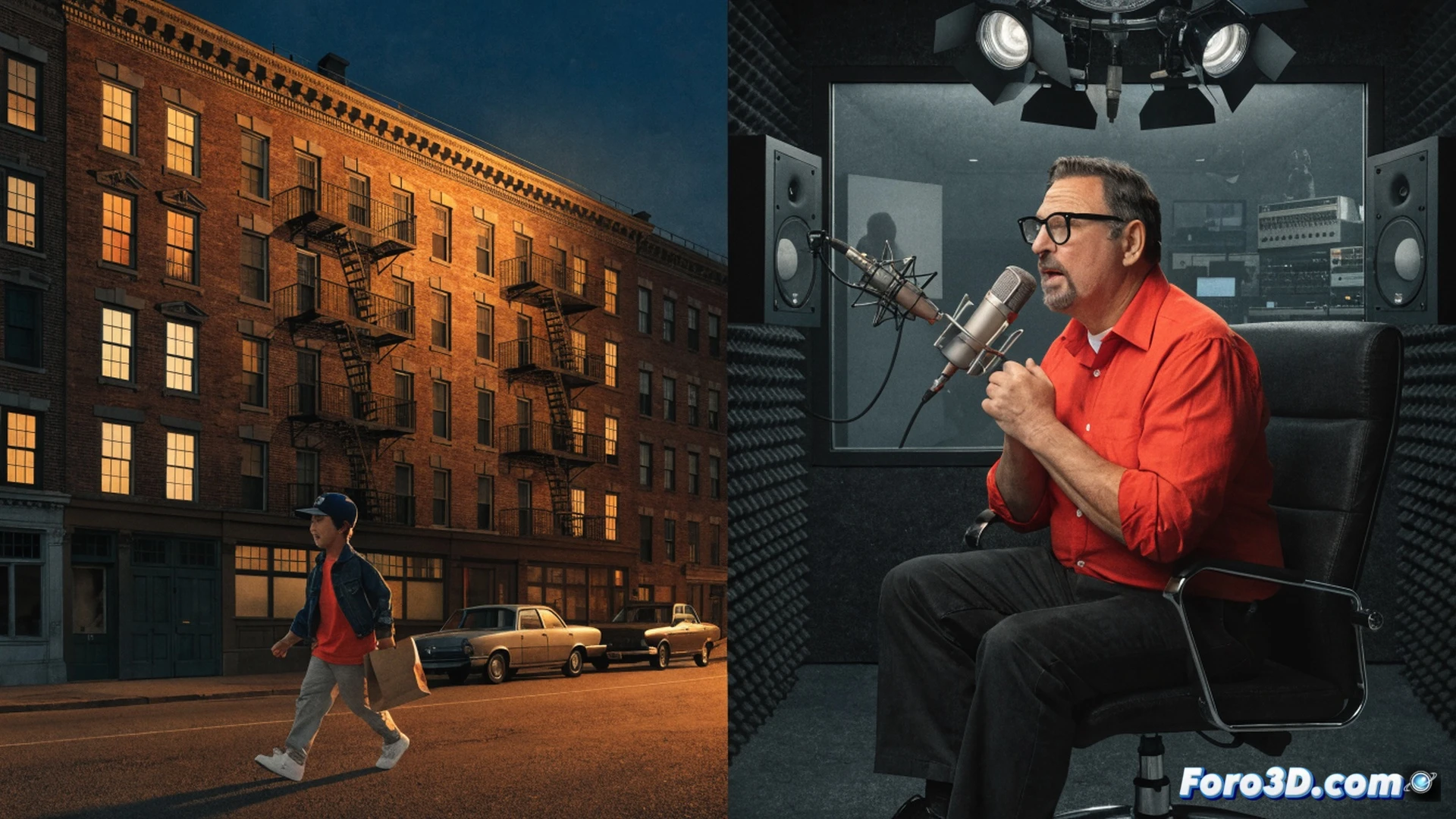 vintage microphone suspended in mid-studio, sound waves visualized as glowing concentric rings radiating outward, actor Billy West in dynamic pose gesturing dramatically with both hands while animated character silhouettes (Fry, Bugs Bunny) emerge from his shadow, recording studio mixing console with faders and VU meters in foreground, reel-to-reel tape machine with spinning reels, acoustic foam panels on walls, cinematic lighting with warm amber spotlights and cool blue fill, motion blur on gesturing hands, photorealistic technical illustration, depth of field emphasizing microphone and character projections, dramatic contrast between illuminated face and dark studio background