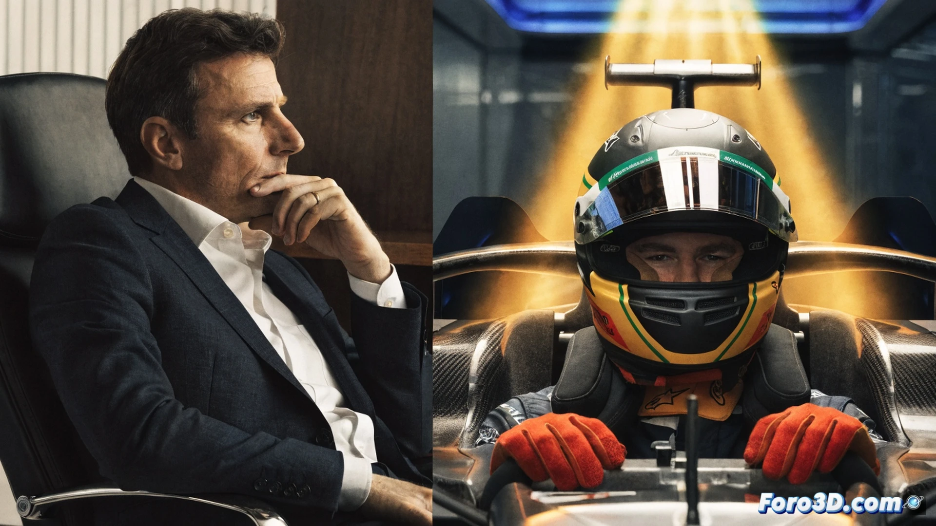 F1 pit wall at sunset, Binotto standing with arms crossed looking at a monitor showing Hülkenberg’s car in parc fermé, race engineer pointing at a live telemetry screen displaying stable lap times, no driver suit or helmet visible near the garage, team members calmly reviewing data sheets, carbon fiber steering wheel resting on a workbench, motion blur from a passing car outside, cinematic photorealistic engineering visualization, cool blue and orange industrial lighting, ultra-detailed mechanical components, calm professional atmosphere demonstrating team stability