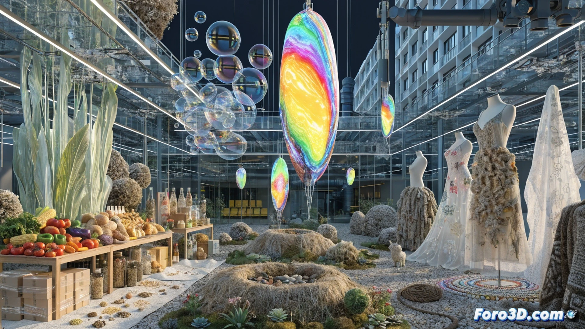 photorealistic wide shot of a modern convention hall interior, 85 percent of exhibition floor occupied by vibrant green and beige eco-friendly product booths, visitors walking through aisles while examining organic food packaging and natural cosmetics displays, a family testing sustainable clothing fabrics at a stand, large digital screens showing product certifications and environmental impact data, dramatic overhead lighting from glass ceiling, clean minimalist architecture, busy but organized crowd flow, technical visualization of sustainable consumer space, cinematic composition with depth of field