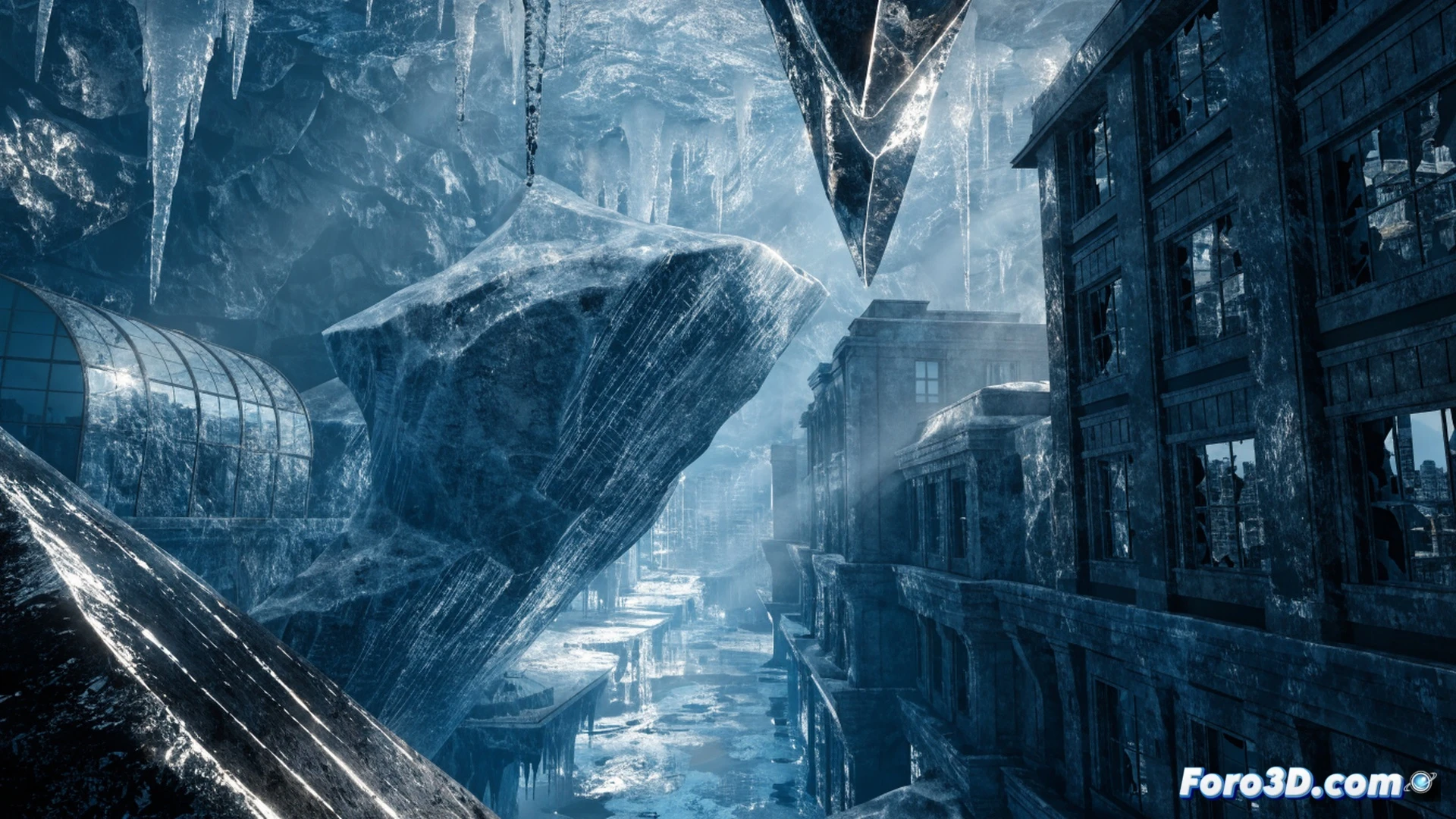 abandoned frozen city street in Rapture style, cracked icy pavement reflecting neon green and blue signs, a lone splicer figure with glowing eyes dragging a metal pipe, ice crystals forming on Art Deco building facades, Ray Tracing reflections distorting in frozen puddles, Unreal Engine 5 particle effects simulating frost spreading, cinematic photorealistic technical visualization, volumetric fog between shattered glass windows, cold blue moonlight casting long shadows, hyper-detailed metallic surfaces with realistic ice refraction, dramatic dystopian lighting