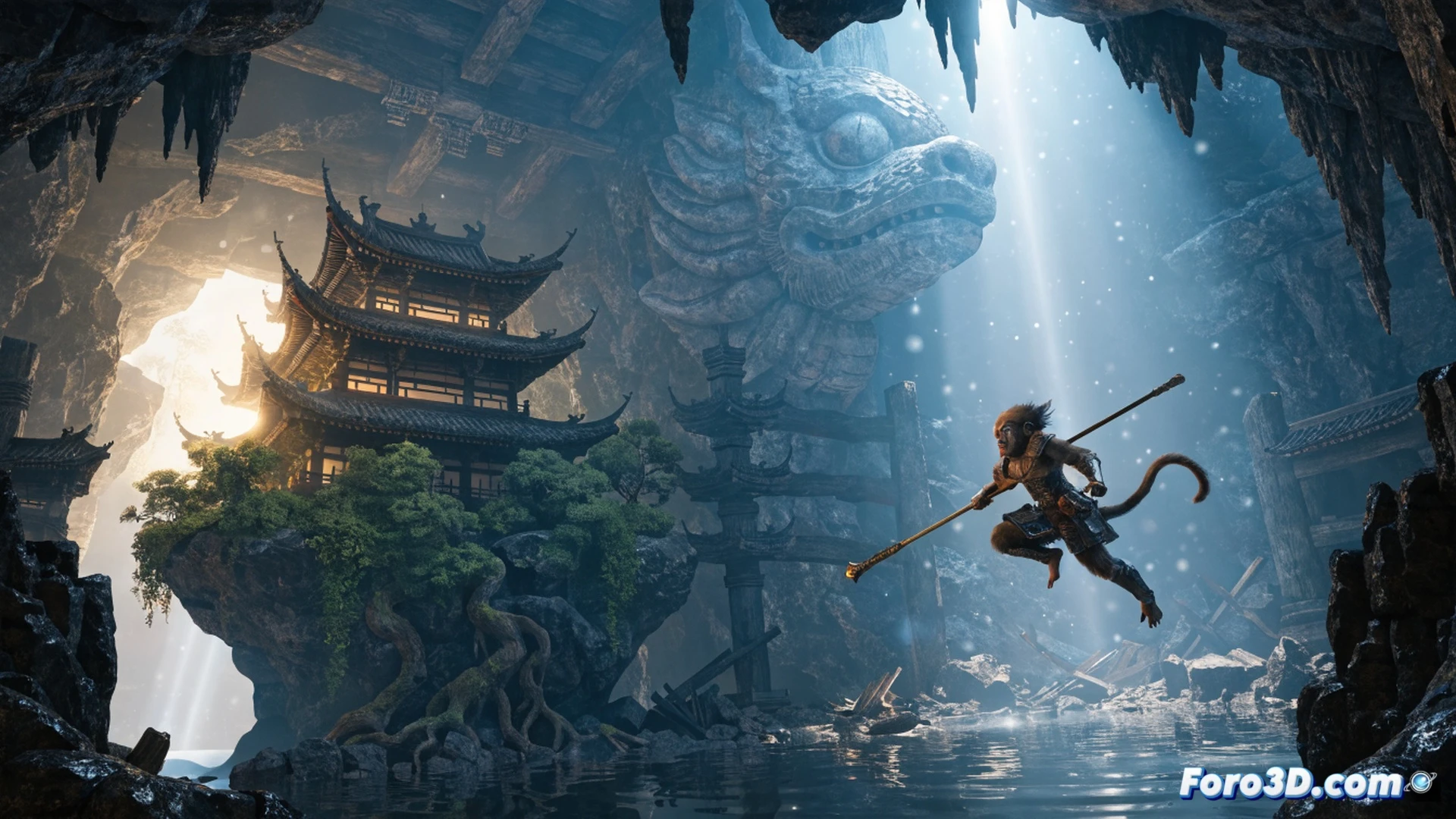 Ancient Chinese warrior Wukong wielding a glowing staff mid-swing in a dense bamboo forest, full ray tracing lighting casting realistic shadows and reflections on wet stone temple ruins, Unreal Engine 5 nanite geometry visible in intricate wood carvings and mossy rocks, particles of dust and leaves illuminated by volumetric god rays through canopy, cinematic photorealistic technical illustration, demonic glowing eyes in dark cave opening behind, dynamic action pose, motion blur on staff arc, ultra-detailed foliage with subsurface scattering, dramatic contrast between bright snowy mountain peaks in background and dark cave shadows, engineering visualization of real-time global illumination and path tracing effects