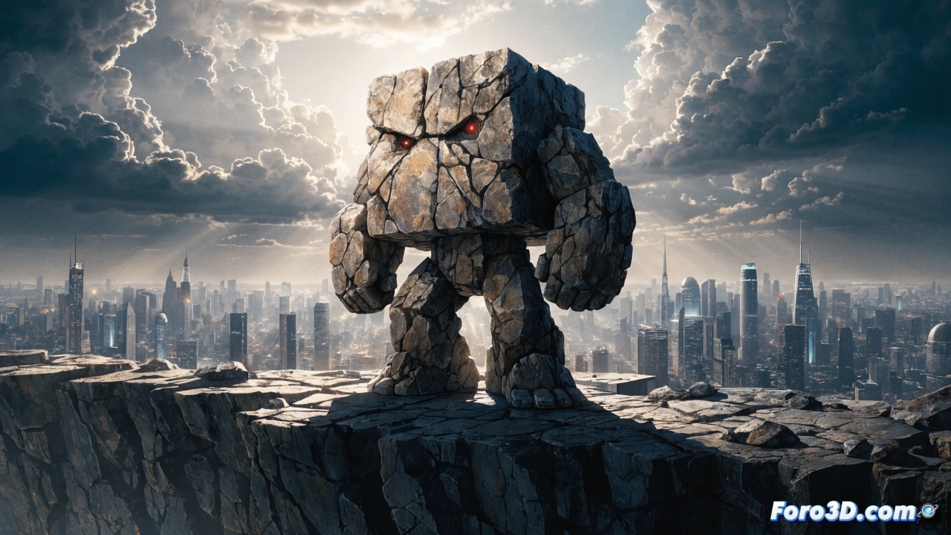 cubic rocky humanoid superhero falling apart into floating geometric fragments in a futuristic city, crumbling cube-shaped body losing structural integrity, glowing energy lines fracturing across stone surface, debris dispersing into neon-lit skyline, cinematic comic book style, dramatic side lighting, jagged rock textures contrasting with smooth metallic buildings, action sequence showing disintegration process, motion blur on tumbling stone pieces, photorealistic comic art render