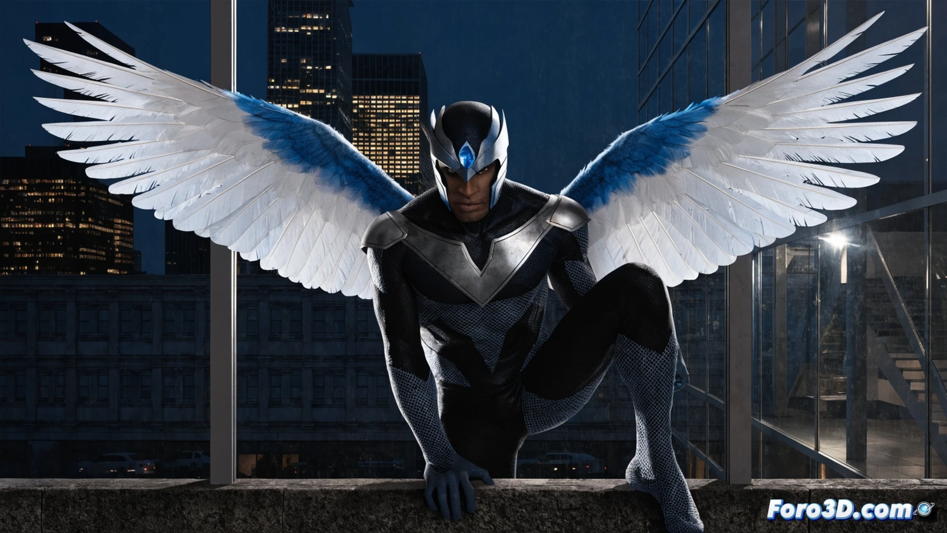 Blue Jay superhero shrinking mid-flight above a Detroit cityscape, metallic wings fully extended while laboratory equipment and circuit boards float around him, demonstrating his size-reduction process, glowing blue energy trails from his wingtips, cinematic comic book style, dramatic low-angle view, dark storm clouds overhead, urban skyscrapers blurred in background, photorealistic digital painting, dynamic motion blur, sparks and debris caught in his wake, ultra-detailed feathers with tech-inspired metallic sheen, industrial gritty lighting