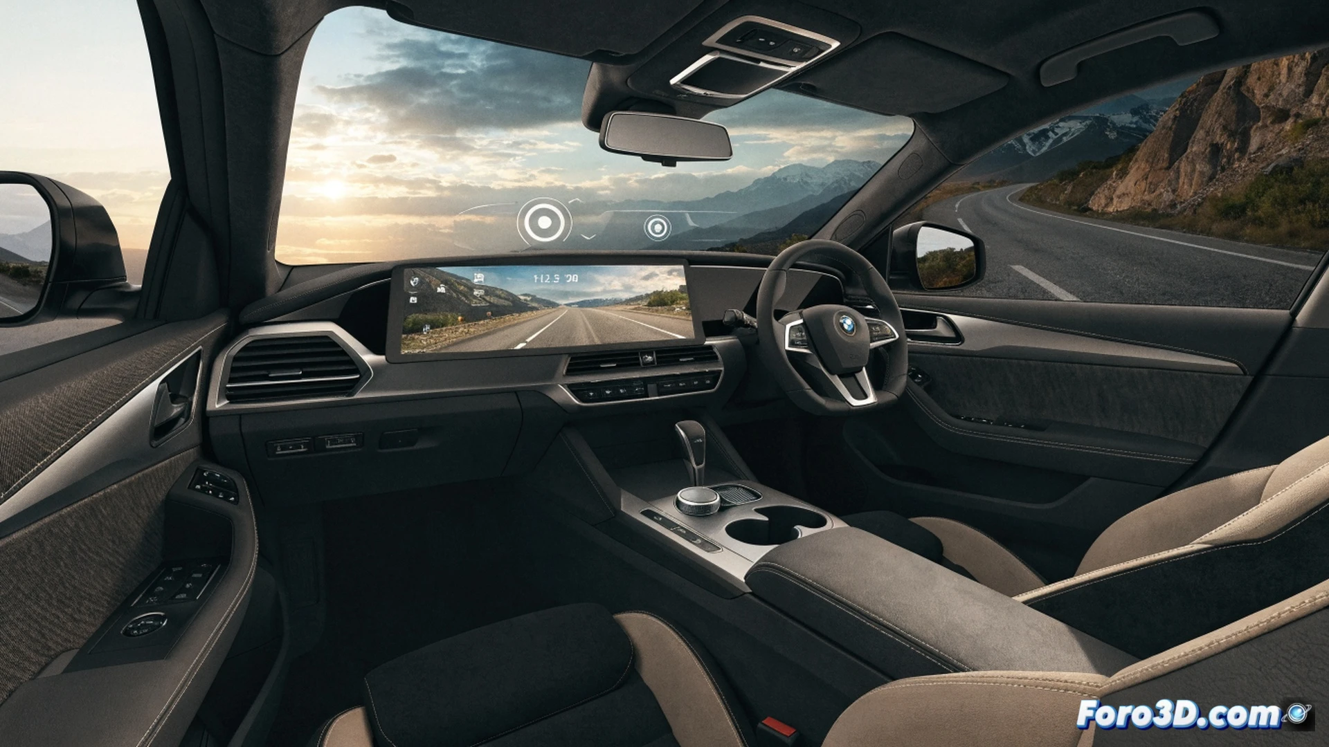 BMW X5 Panoramic iDrive dashboard during night drive, 17.9-inch central display showing 3D navigation map, Head-Up Display projecting holographic speed and lane guidance onto windshield, driver’s hand touching curved screen interface, ambient blue interior lighting reflecting off polished wood trim, steering wheel controls illuminated, photorealistic automotive interior render, cinematic low-angle shot from passenger seat, ultra-detailed leather stitching and metallic vents, clean minimalist cockpit design, soft glowing instrument cluster, engineering visualization style