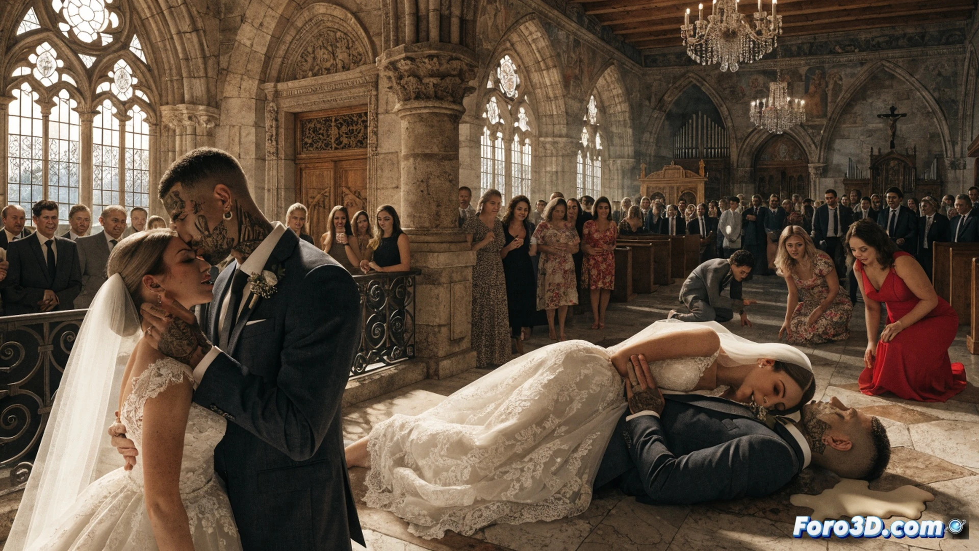 photorealistic cinematic scene of a wedding banquet table in Toledo with 220 empty chairs, a man in a suit getting a tattoo on his forearm during the reception, a woman holding a champagne glass while vomiting into a floral centerpiece, broken wedding cake on floor, technical elements include a tattoo machine with ink bottles and a discarded emesis basin, dramatic spotlight on the couple, blurred guests in background, warm golden lighting contrasted with cold blue shadows, ultra-detailed fabric textures and glass reflections, cinematic wedding photography style