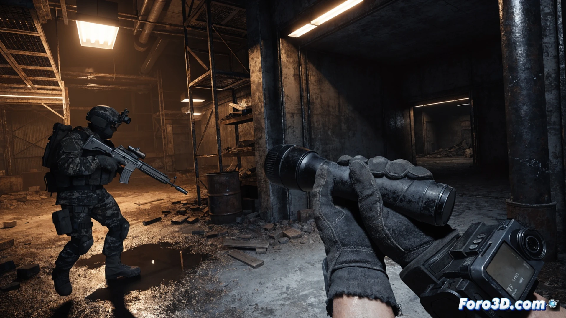 First-person bodycam perspective in a dimly lit abandoned warehouse, player character holding a tactical flashlight while sweeping a corner, harsh Lumen global illumination casting long shadows across peeling paint and exposed rebar, Unreal Engine 5 debug overlay faintly visible on the edge of the frame showing real-time performance metrics, photorealistic technical visualization, gritty low-light environment with blown-out highlights and crushed blacks mimicking a cheap mobile camera, motion blur trails from rapid head movement, volumetric dust particles floating in the flashlight beam, cracked concrete floor with scattered debris, ultra-detailed textures on rusted metal beams and graffiti-covered walls, cinematic raw realism without artistic filters