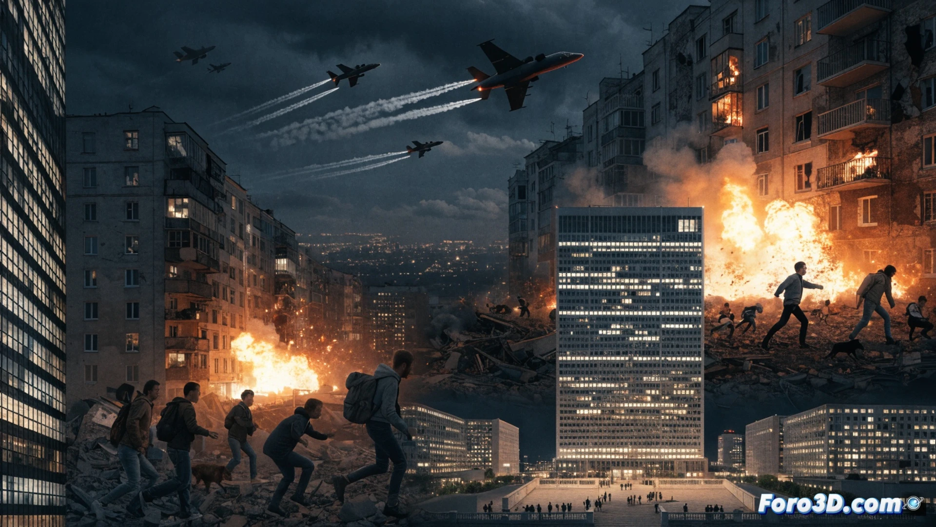 residential building in Kiev with a gaping hole from a missile impact, smoke rising from a collapsed school wing in the background, a hospital roof with shattered windows visible through the dust, UN emblem on a parked armored vehicle with its personnel watching from behind a barrier, while a civilian first responder runs toward a fallen woman near a destroyed playground, photorealistic war zone photography, overcast sky with heavy smoke, debris scattered across the street, broken glass reflecting emergency lights, dramatic chiaroscuro lighting, ultra-detailed rubble textures, motion blur on running figure, technical news documentation style