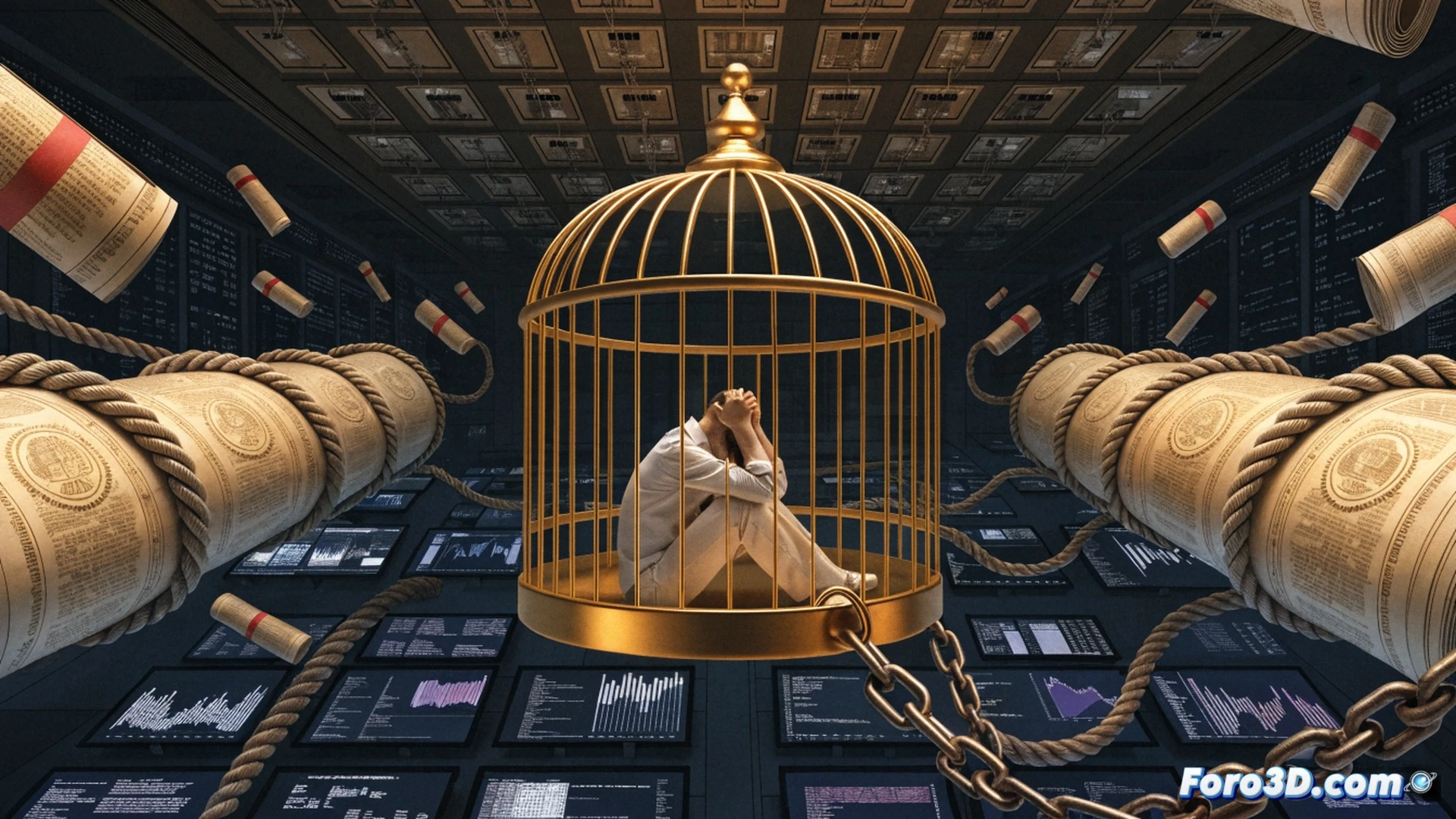 A golden cage made of stock certificates and contract papers, a suited figure inside reaching through bars toward a laptop displaying a countdown timer, chains labeled vesting schedule wrapped around the cage bars, a broken meritocracy trophy on the ground outside, cinematic technical illustration, dramatic chiaroscuro lighting, photorealistic render, deep shadows, metallic reflections on the cage, document edges glowing faintly, desperate hand gesture frozen mid-reach, ultra-detailed paper textures, symbolic corporate architecture background