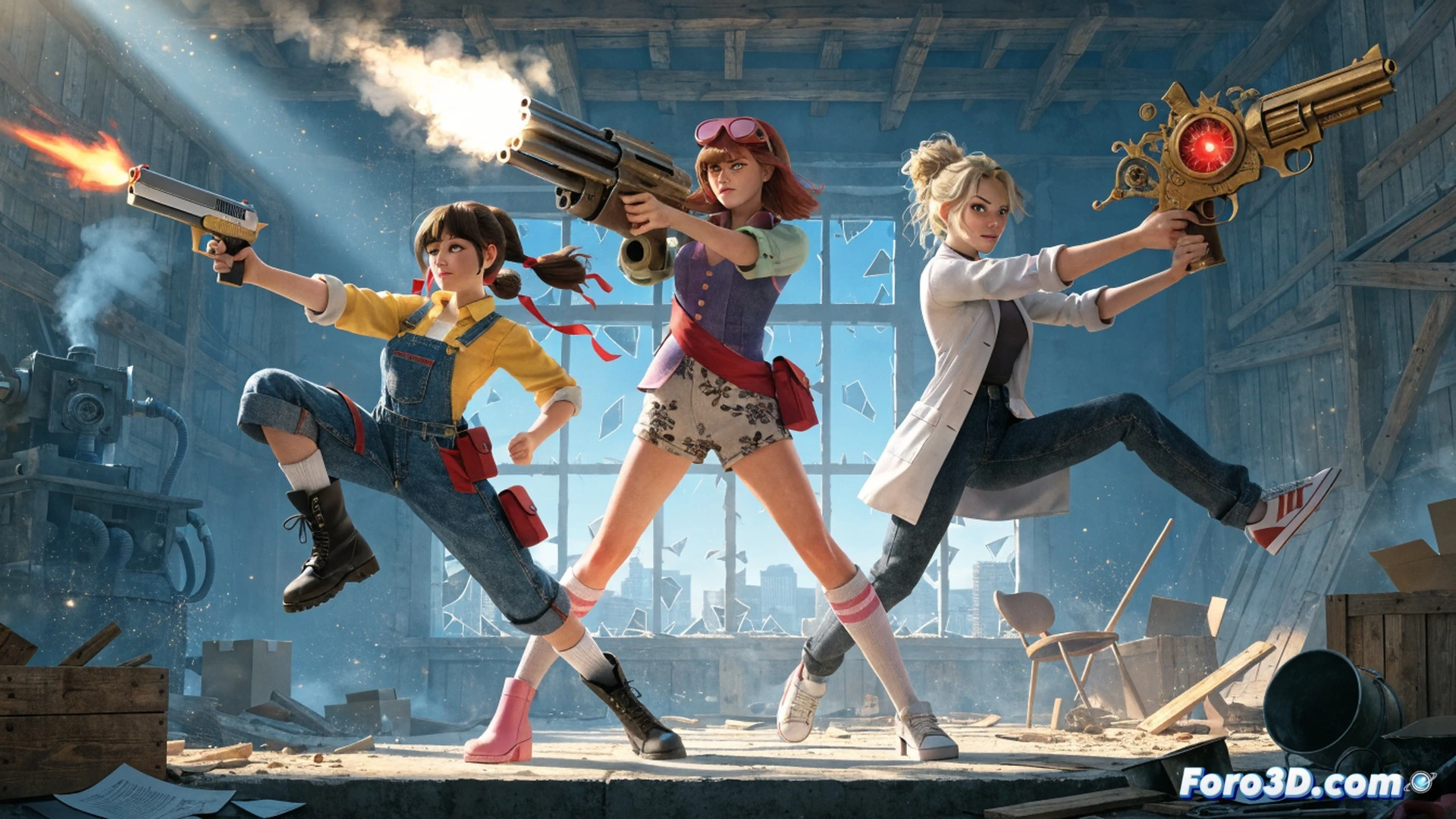 three anime sisters in a vertical scrolling spaceship cockpit, firing laser beams at alien robots, one sister using a giant wrench as a weapon, another hacking a console with a glowing holographic interface, third sister laughing while dodging debris, cartoonish explosions with bright pink and yellow sparks, comedic style, action scene showing fast-paced combat, retro arcade aesthetic, pixel-art inspired textures, bright neon lighting on metallic control panels, dynamic camera angle tilted upward, dramatic motion lines, playful colorful palette, technical illustration of sci-fi weapon systems, no text or numbers visible